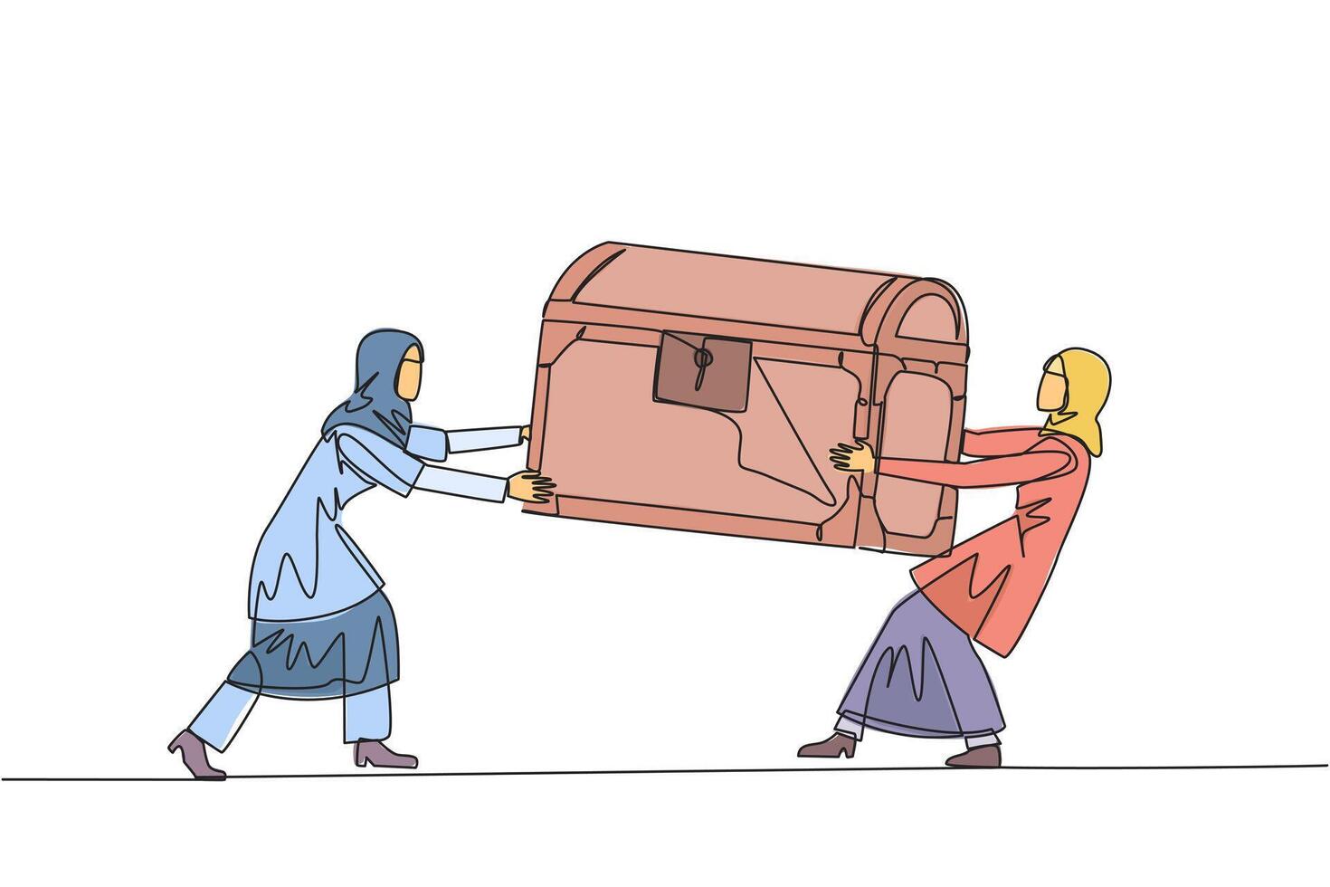 Single continuous line drawing two egoistic Arabian businesswoman fighting over treasure chest. Feel most entitled to the discovery of treasure. Rivalry and competition. One line illustration vector