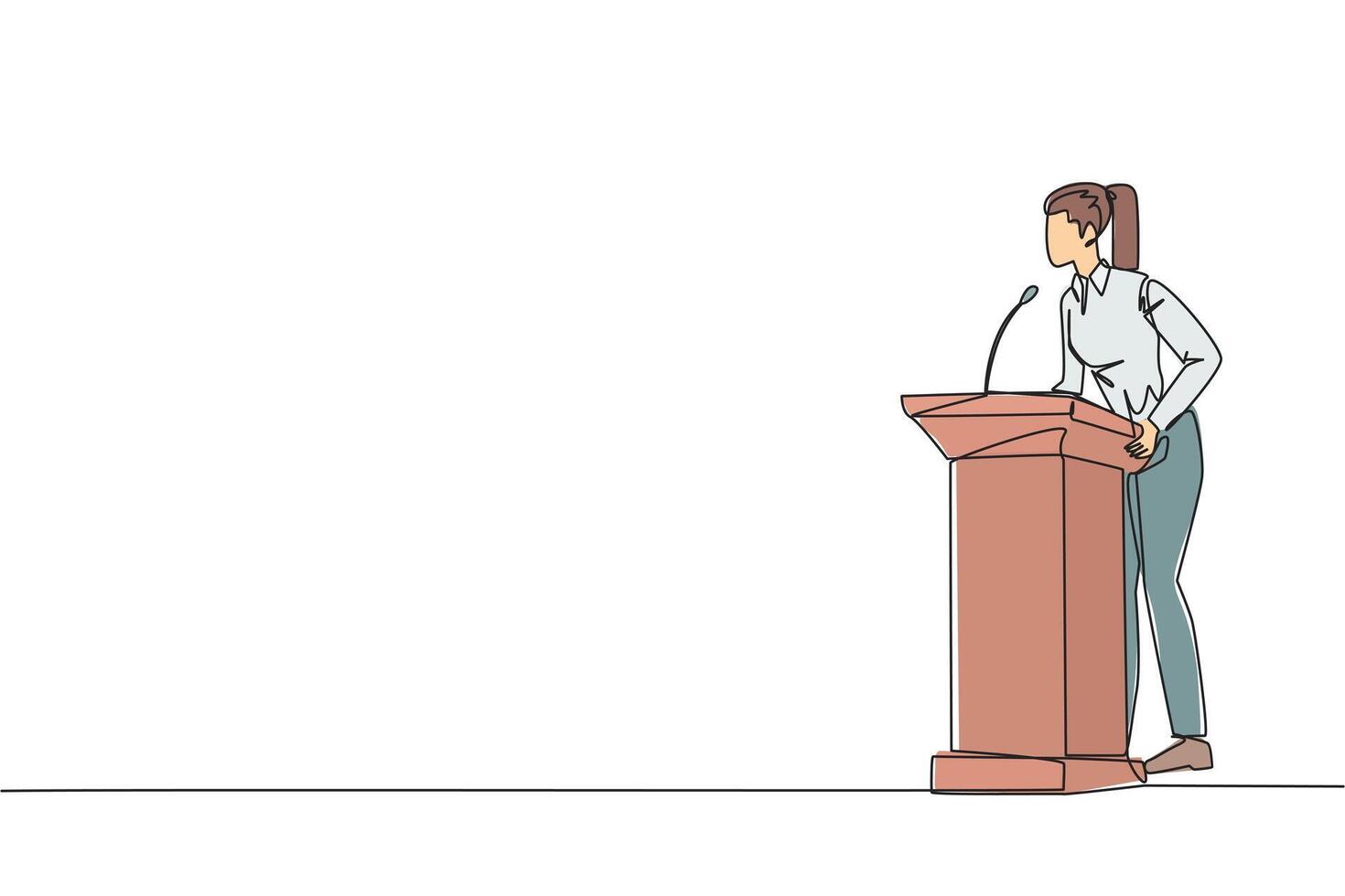 Single one line drawing young businesswoman speech standing behind the podium. Give oration that women can be more independent. Encourage through words. Continuous line design graphic illustration vector