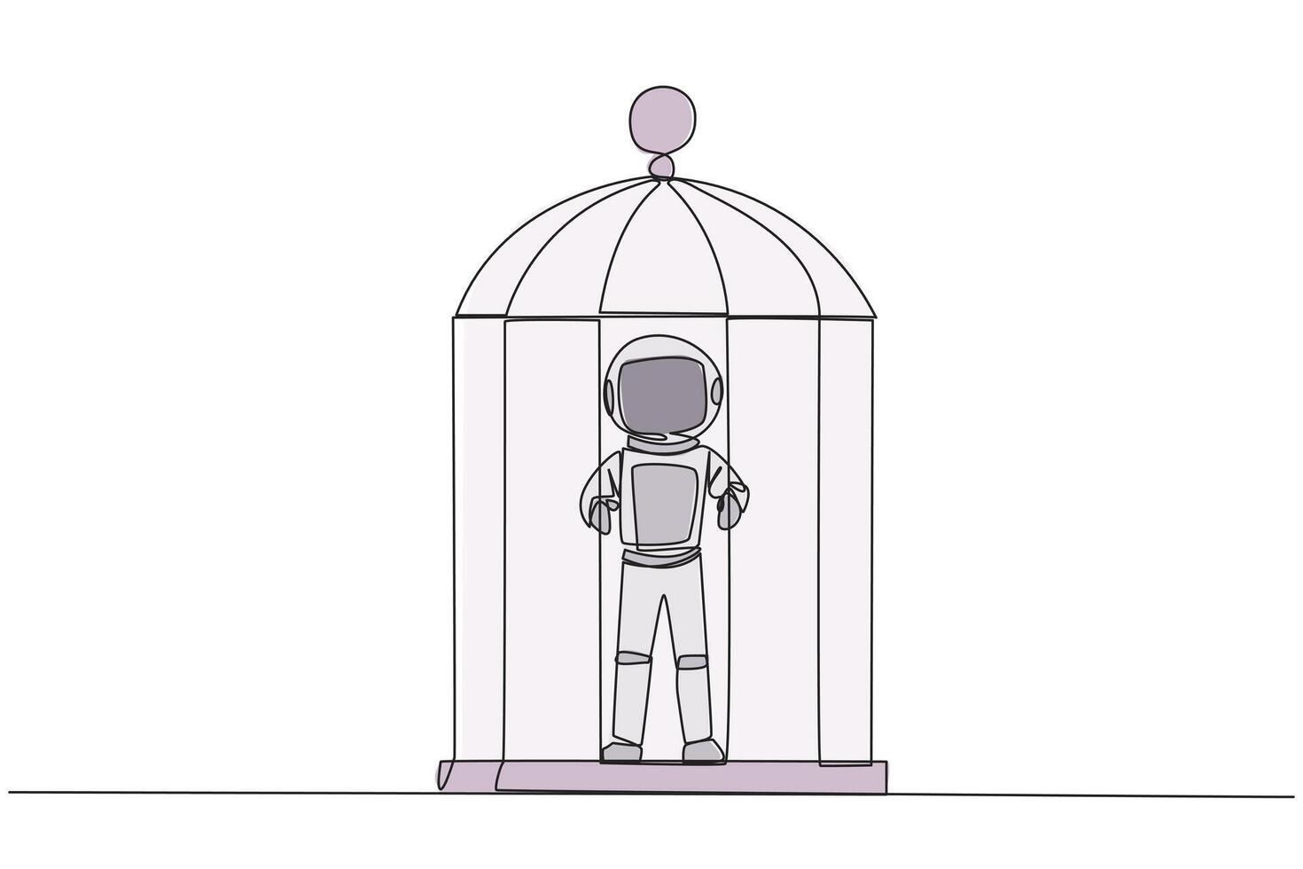 Continuous one line drawing unhappy astronaut trapped in cage standing hold the iron bars. Imprisoned body and mind. Limited opportunity. Feeling exhausted. Single line draw design illustration vector