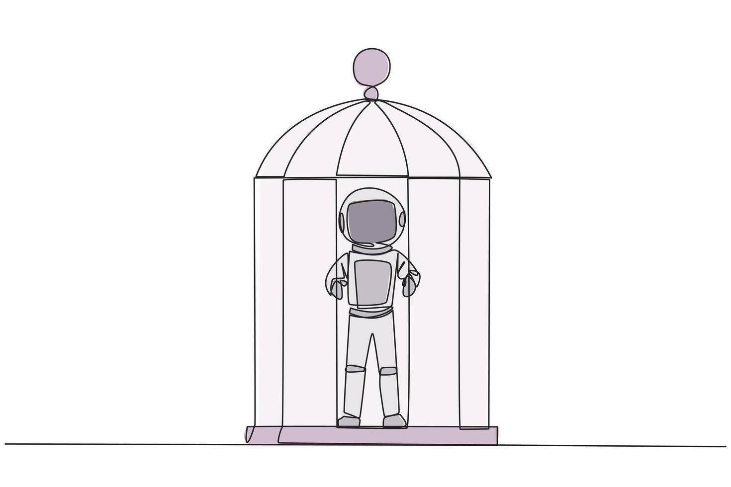 Continuous one line drawing unhappy astronaut trapped in cage standing hold the iron bars. Imprisoned body and mind. Limited opportunity. Feeling exhausted. Single line draw design illustration vector