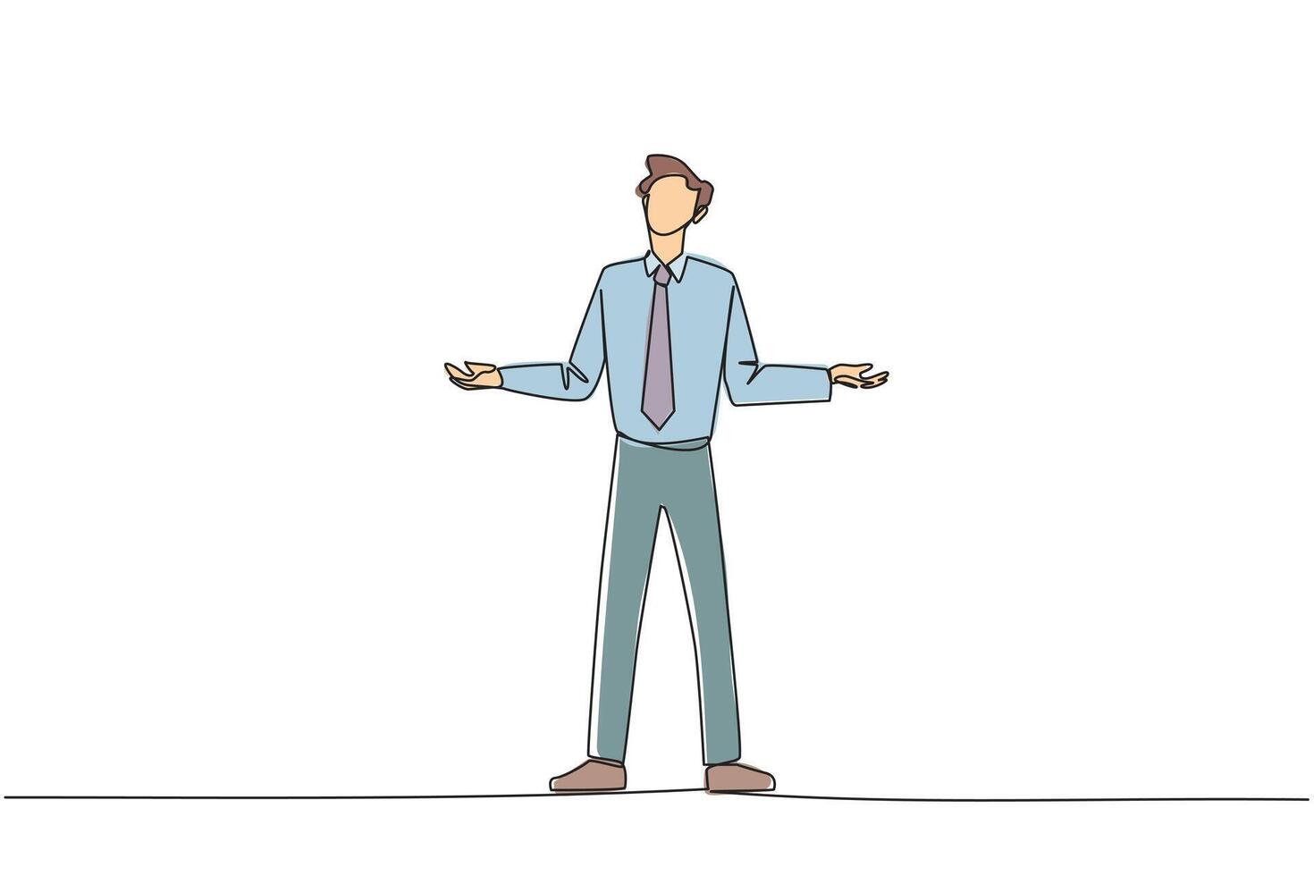 Continuous one line drawing businessman standing straight with open arms. Lonely and sadness businessman lamenting undeveloped business. Unhappy manager. Single line draw design illustration vector