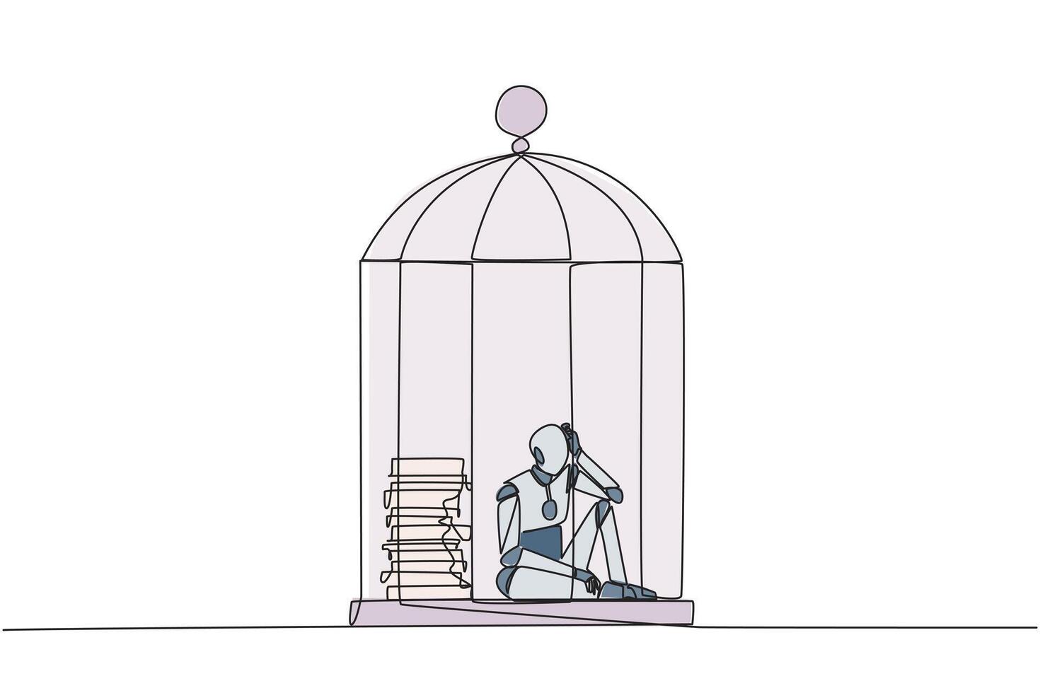 Continuous one line drawing robot trapped in the cage sitting down frustrated. Stress with piling up unfinished work until close to deadline. Exhausted. Single line draw design illustration vector