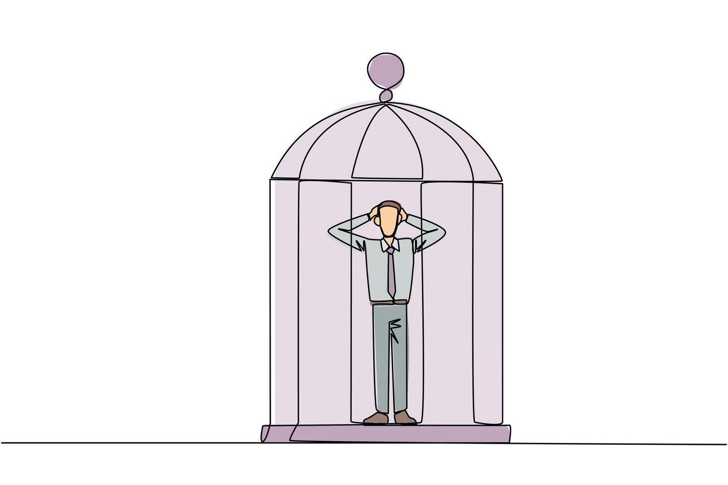 Single continuous line drawing businessman trapped in cage standing frustrated holding head. Anxiety caused can not move freely. Confined. Imprisoned. Can't work. One line design illustration vector