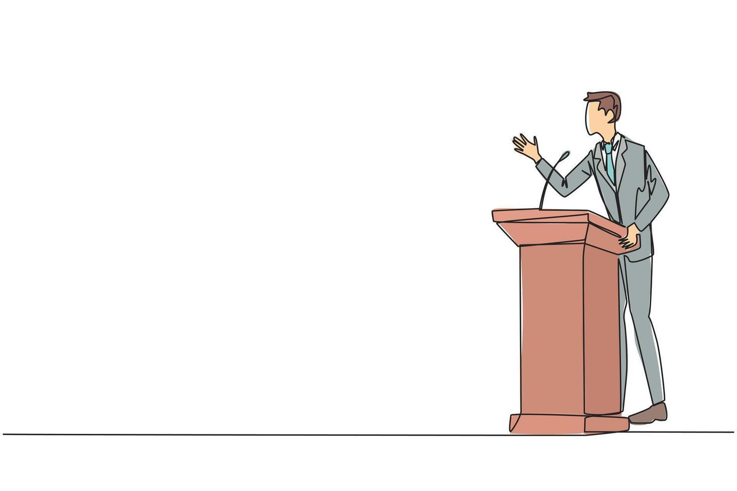 Single continuous line drawing businessman speech standing behind podium. Inviting to everyone to be more concerned with natural condition to avoid air pollution. One line design illustration vector