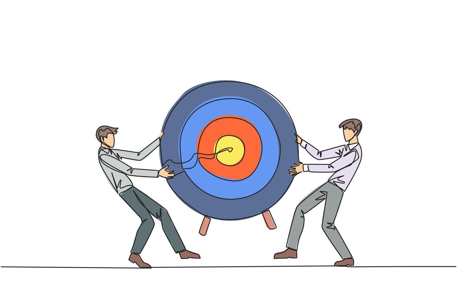Single one line drawing two angry businessman fighting over arrow target board. Fighting for who will get the achievement first. Versus. Attack. Conflict. Continuous line design graphic illustration vector