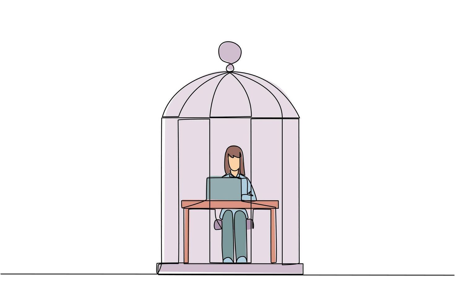 Single one line drawing businesswoman trapped in cage sitting and typing on laptop computer. Tiring routine. Unhappy businesswoman with the many deadline. Continuous line design graphic illustration vector