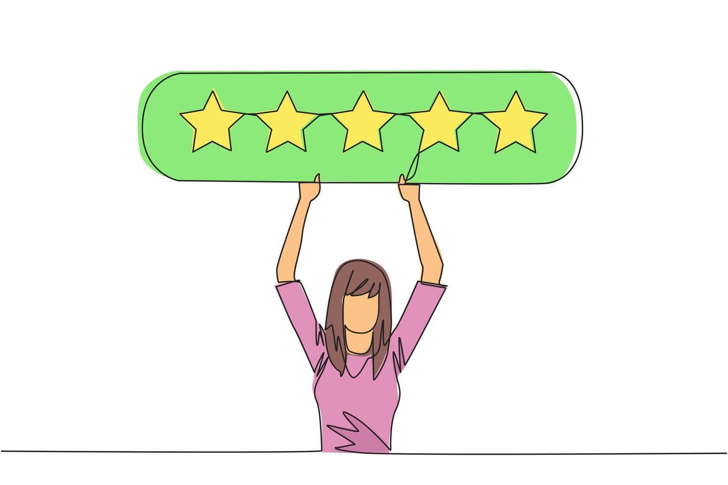 Single one line drawing young happy woman holding rating board which contains 5 stars. Star rating. Positive review. Online shopping with give 5 rating. Continuous line design graphic illustration vector