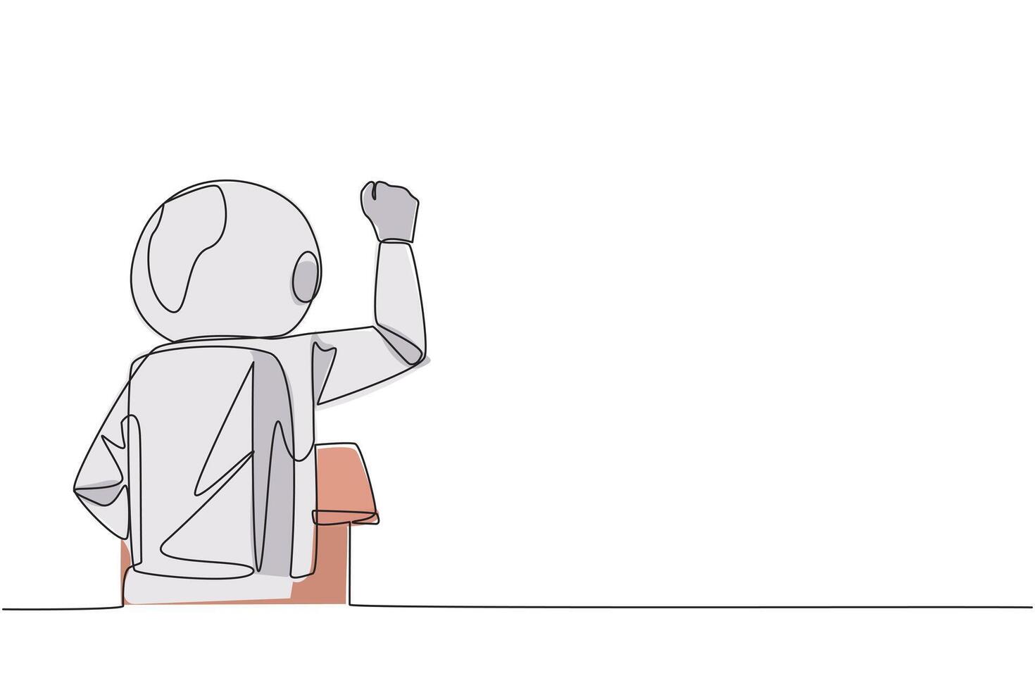 Single continuous line drawing rear view of astronaut speaking at the podium. Raising and clenching hands, enthusiastically give financial gain oration. Orator. One line design illustration vector