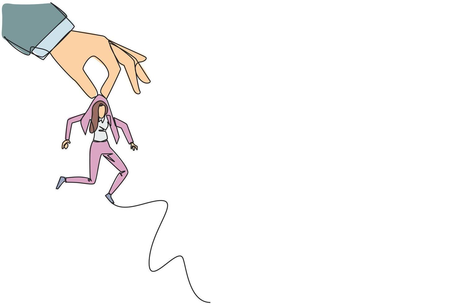 Single one line drawing big hand holding businesswoman. Workplace moving metaphor. Position transfer. Level up. Have bigger responsibilities. Successful. Continuous line design graphic illustration vector