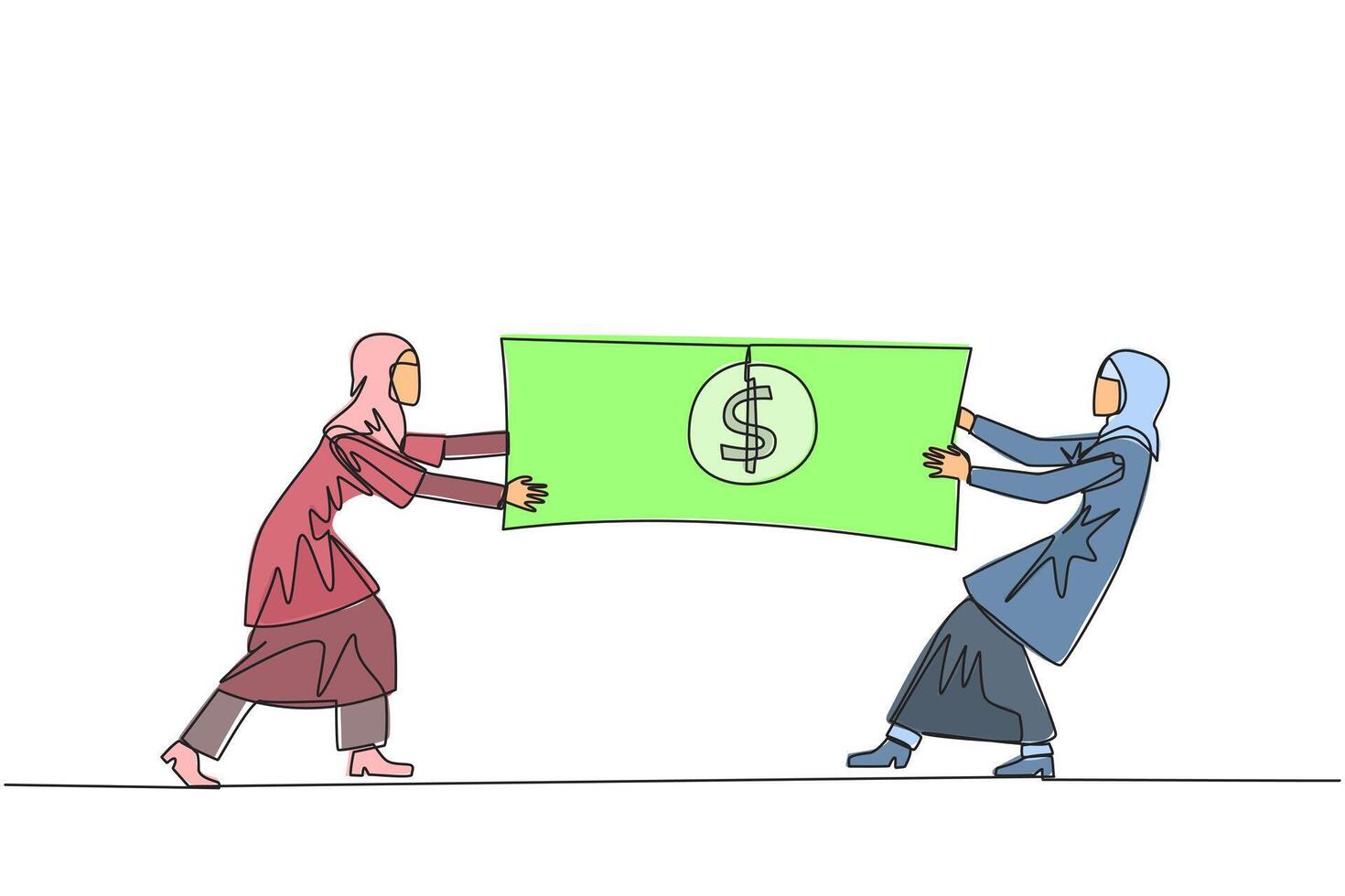 Single one line drawing two Arabian businesswoman fighting over banknotes. Fight over the capital provided by the government to selected entrepreneurs. Continuous line design graphic illustration vector