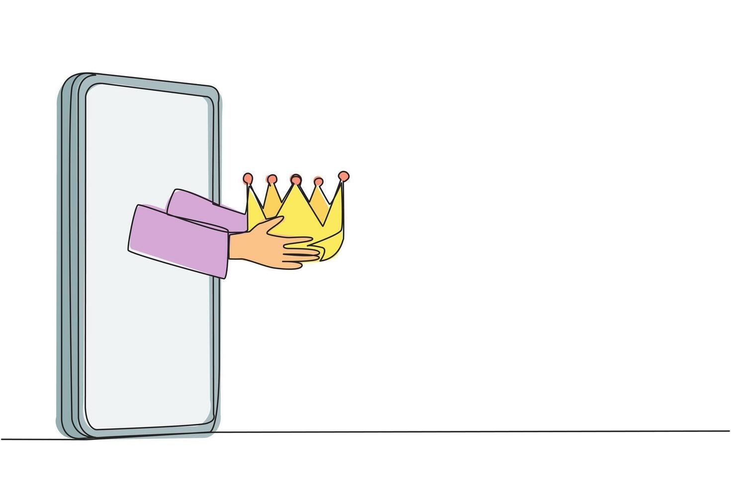 Single one line drawing the hand comes out from the middle of the smartphone holding crown. Symbol of a trusted online seller who has many loyal customers. Continuous line design graphic illustration vector
