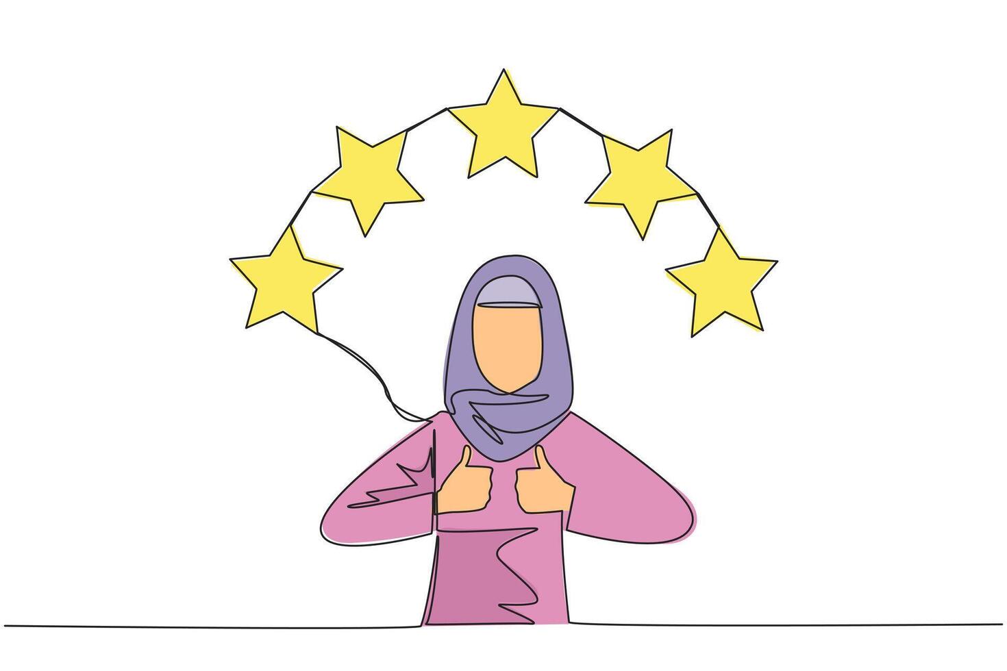 Single one line drawing Arabian woman giving two thumbs up, above head there are 5 stars forming semicircle. Exciting online shopping experience. Review 5 star. Continuous line graphic illustration vector