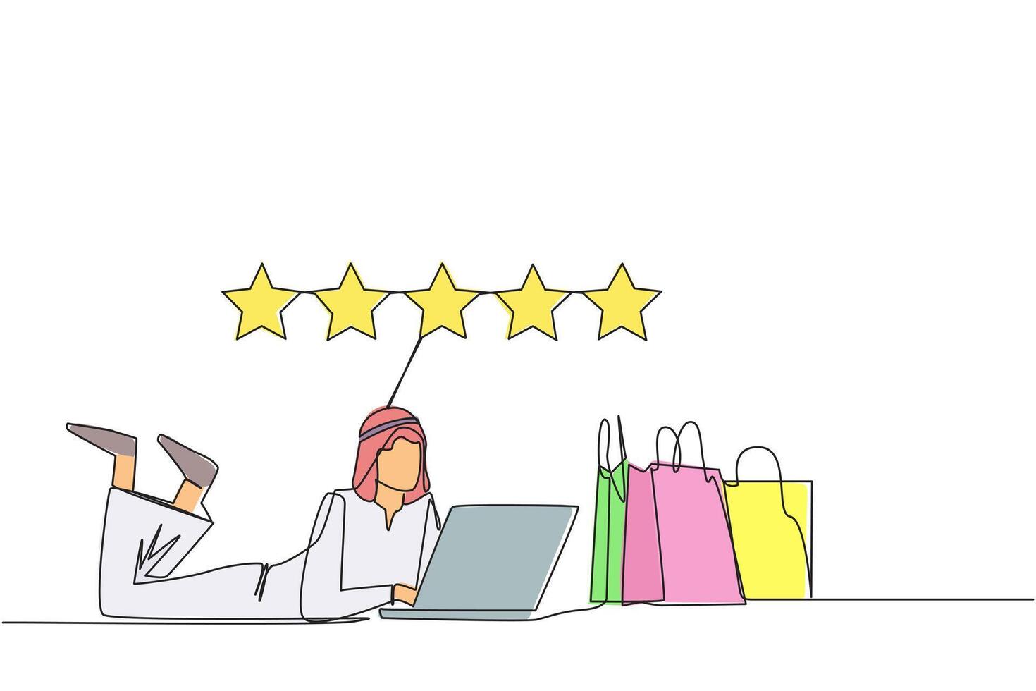 Continuous one line drawing young Arabian man on stomach while typing on laptop. Next to the laptop is a shopping bag. Give the best review with pleasure. Single line draw design illustration vector