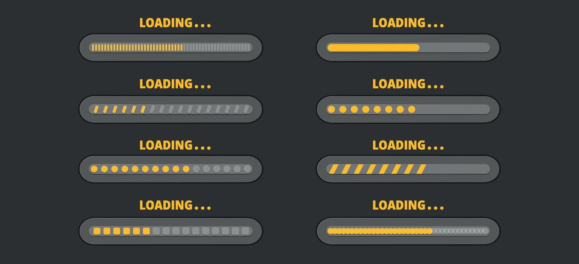 Set of load bar progress. illustration of loading bar, level, scale, sound volume. Software tool. Speed upload or download. Panel switch control. Indicator of status download. vector