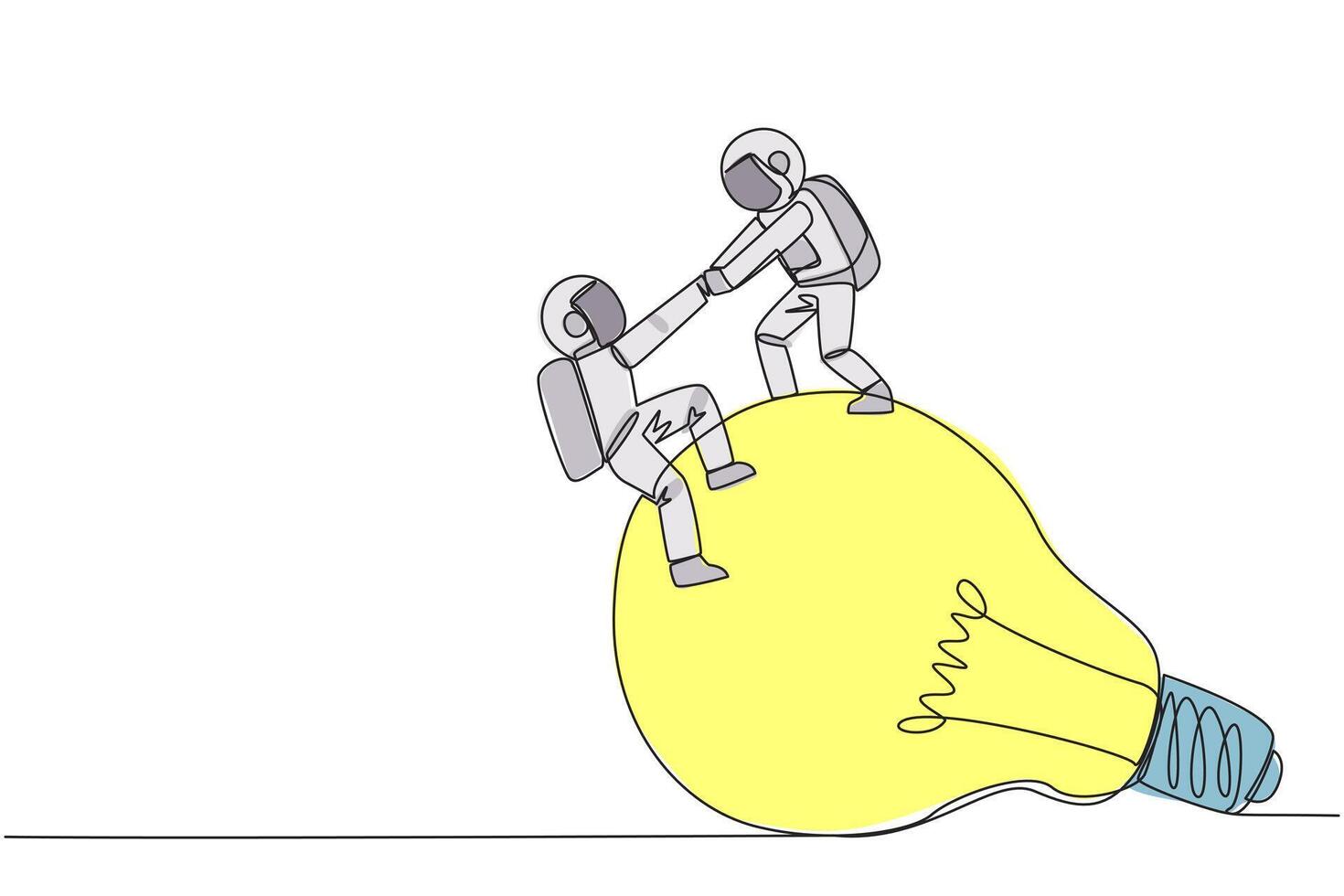 Single continuous line drawing young astronaut helps colleague climb the big lightbulb. Metaphor related to idea. Brainstorm to achieve the best brilliant ideas. One line design illustration vector