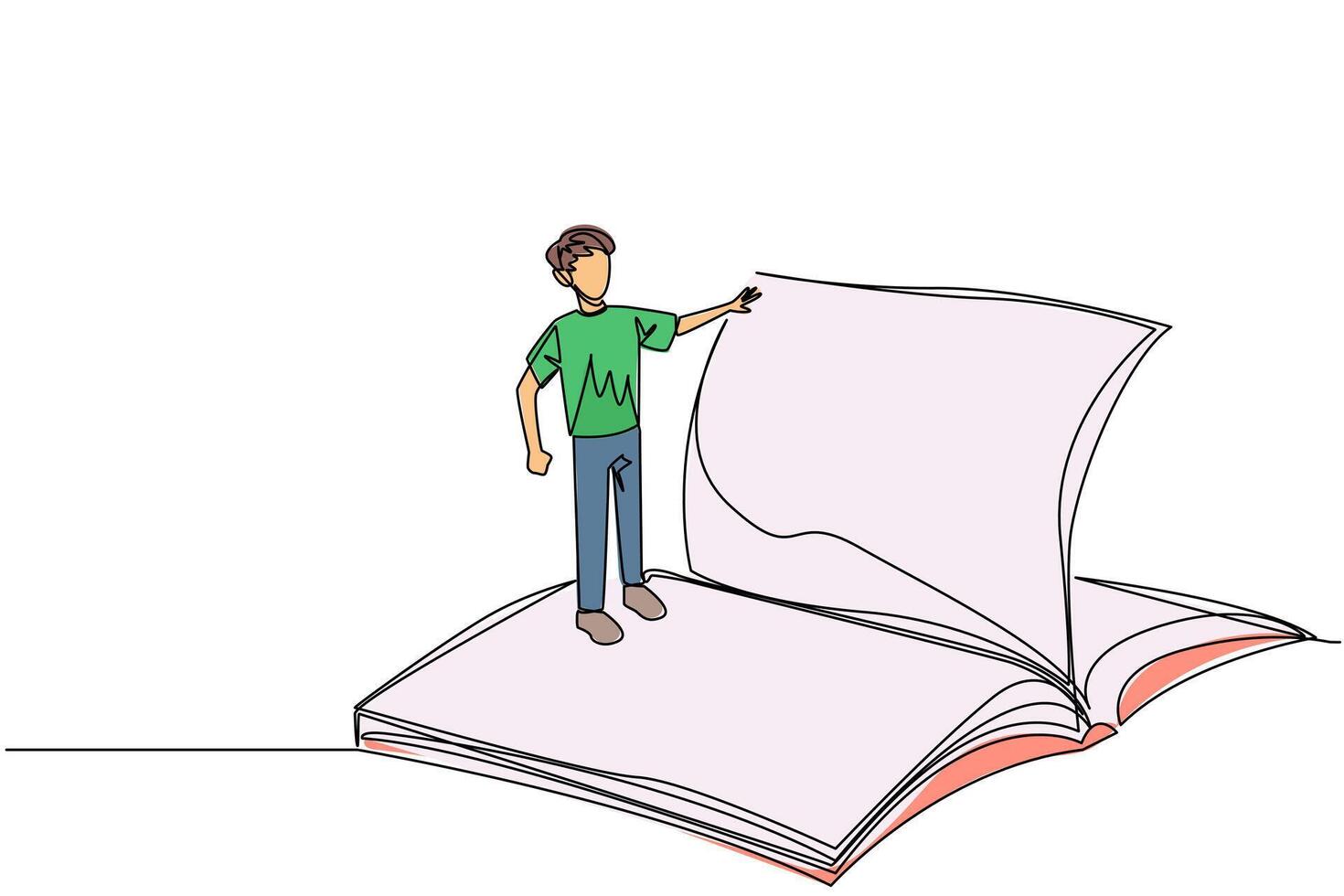 Continuous one line drawing man standing over open ledger turning the pages. Read slowly to understand the contents of each page. Reading increases insight. Single line draw design illustration vector