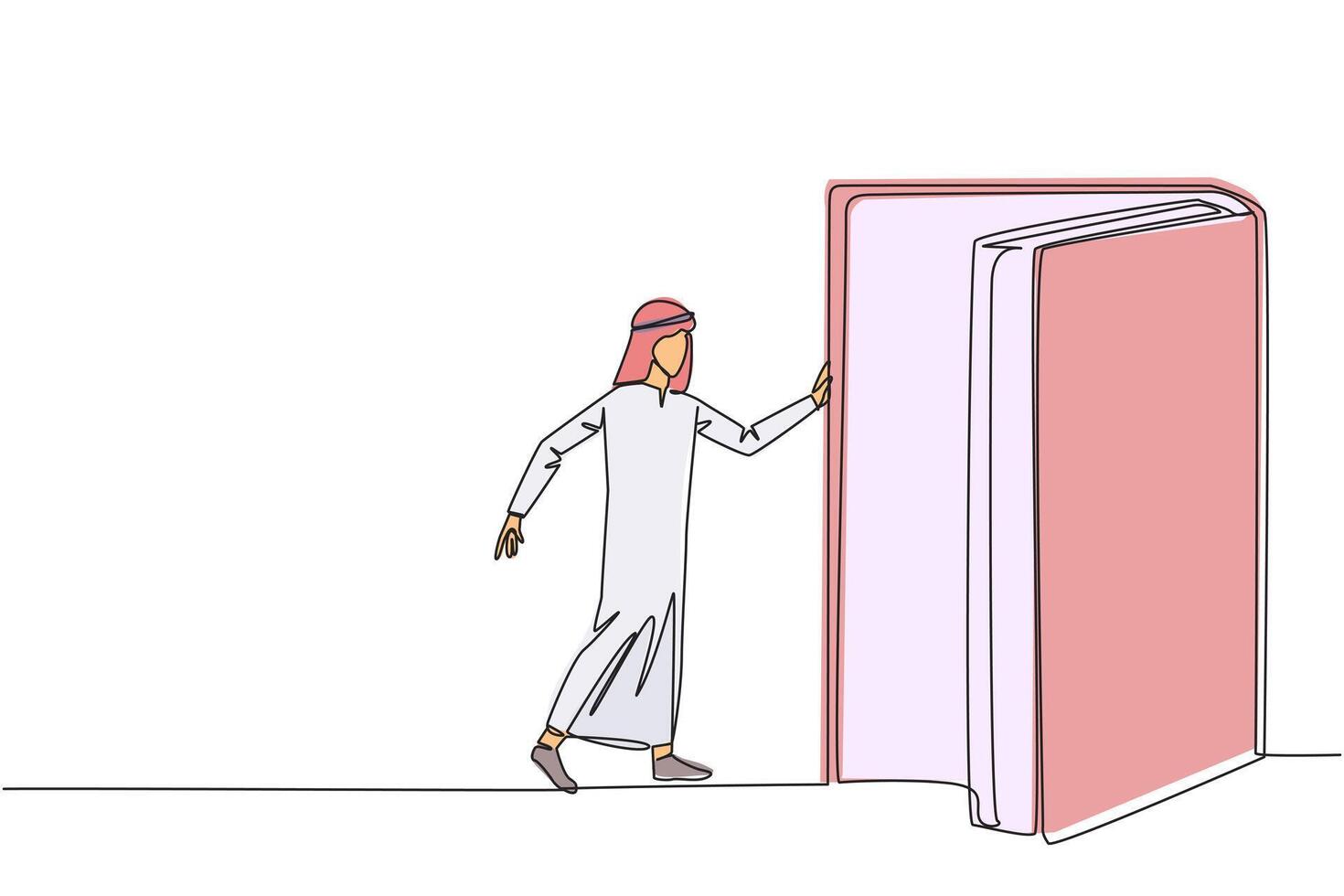 Continuous one line drawing Arabian man open the book-shaped door. Book can open mind and see everywhere. Increase knowledge about wider world. Book festival. Single line design illustration vector