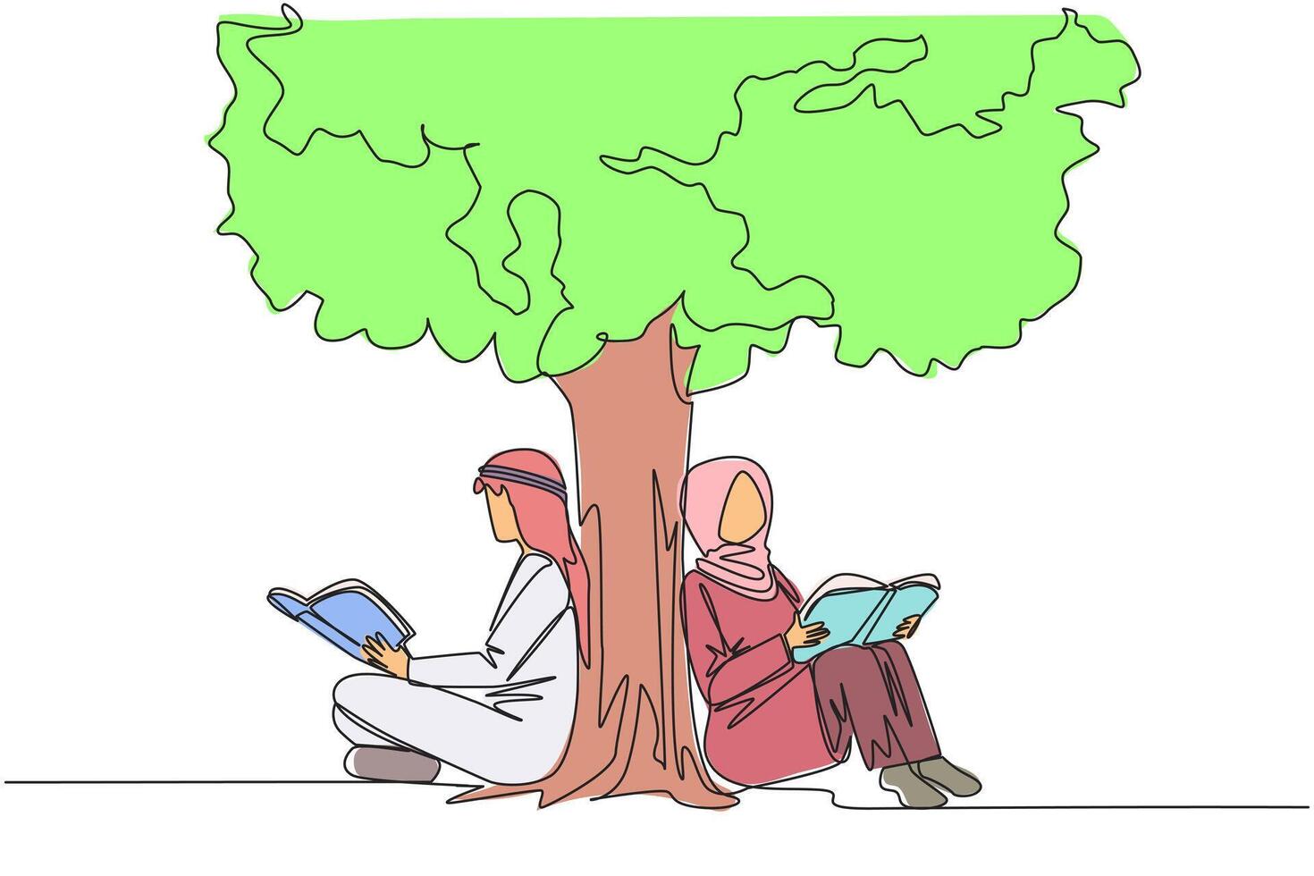 Single one line drawing Arab man woman sitting reading book under shady tree. Continuing second volume of fiction story book. Enjoy reading. Book festival. Continuous line design graphic illustration vector