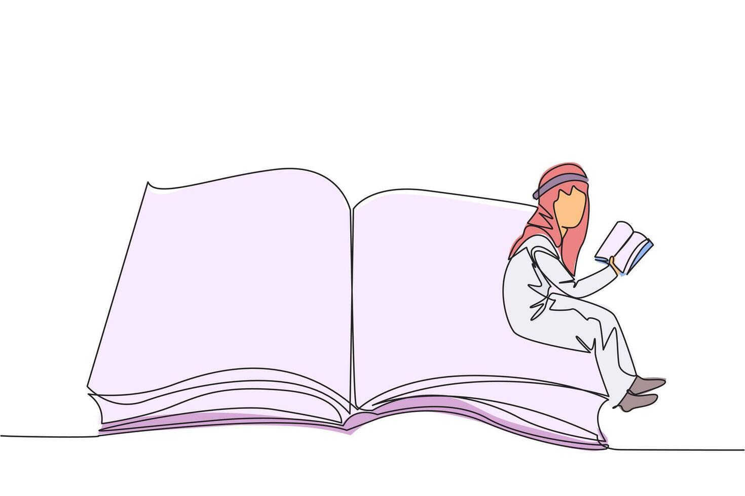 Single one line drawing Arabian man sitting on the edge of a large open book. Study before exam time arrives. Read textbooks with focus. Reading is fun. Continuous line design graphic illustration vector