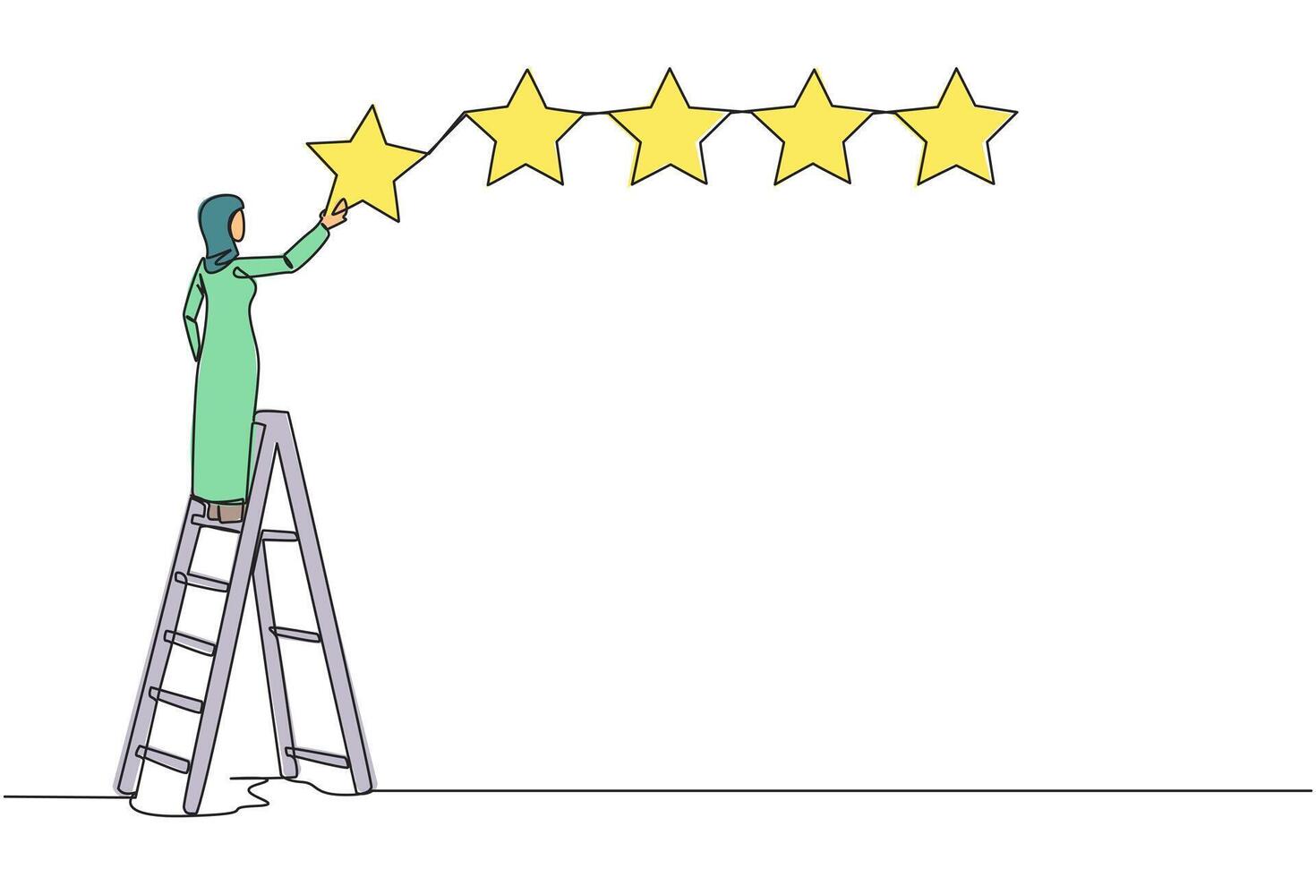 Continuous one line drawing young energetic Arabian woman climbs ladder carry 1 star, making it 5 stars in row. Give very good recommendation to the seller. Single line draw design illustration vector