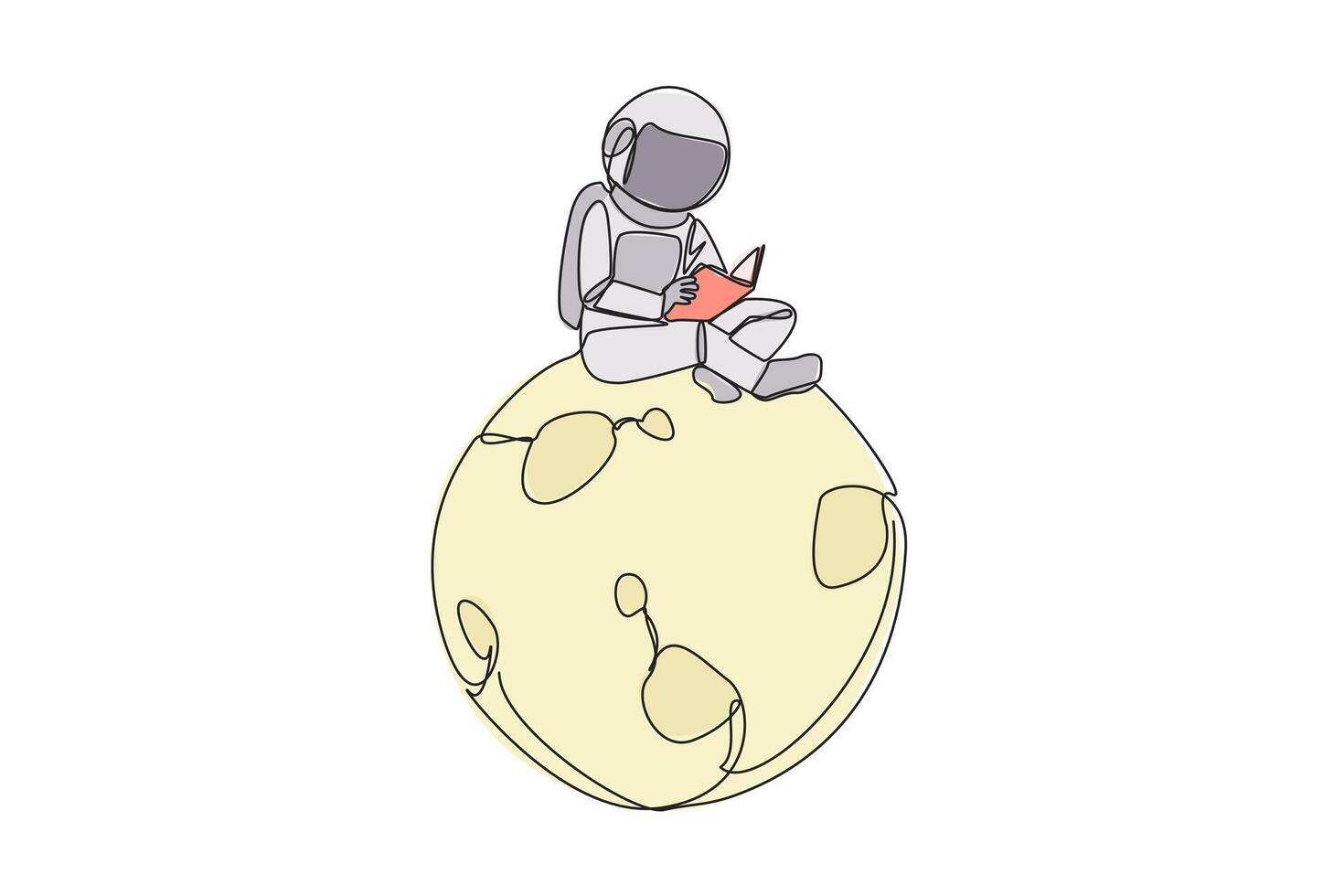 Continuous one line drawing astronaut sitting on the moon reading scientific book. Read note on several places on the moon that must be surveyed. Book fest. Single line draw design illustration vector