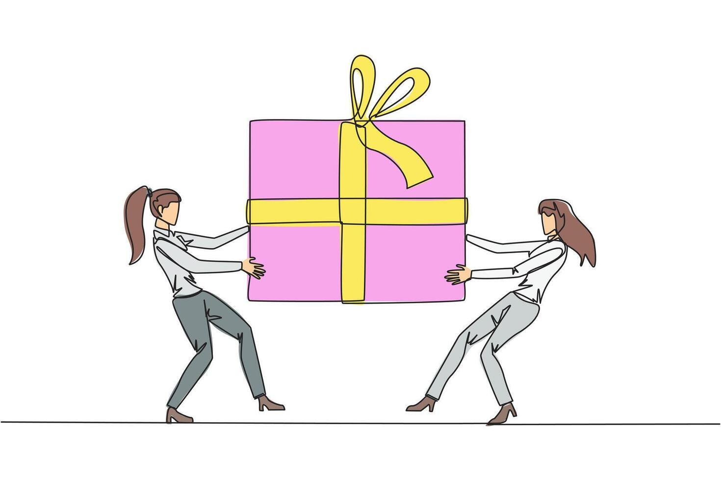 Continuous one line drawing two professional businesswoman fighting over gift box. Entrepreneurs against environmental pollution fight for the main prize. Single line draw design illustration vector