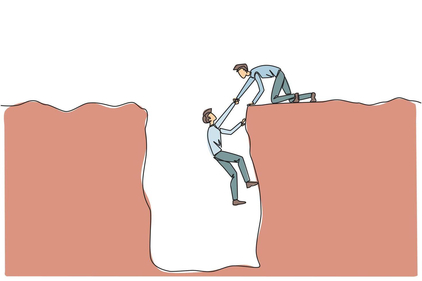 Single one line drawing businessman helps colleague climb a wide hole. Teamwork helps colleagues who have fallen. Inviting success together. Cohesive. Continuous line design graphic illustration vector