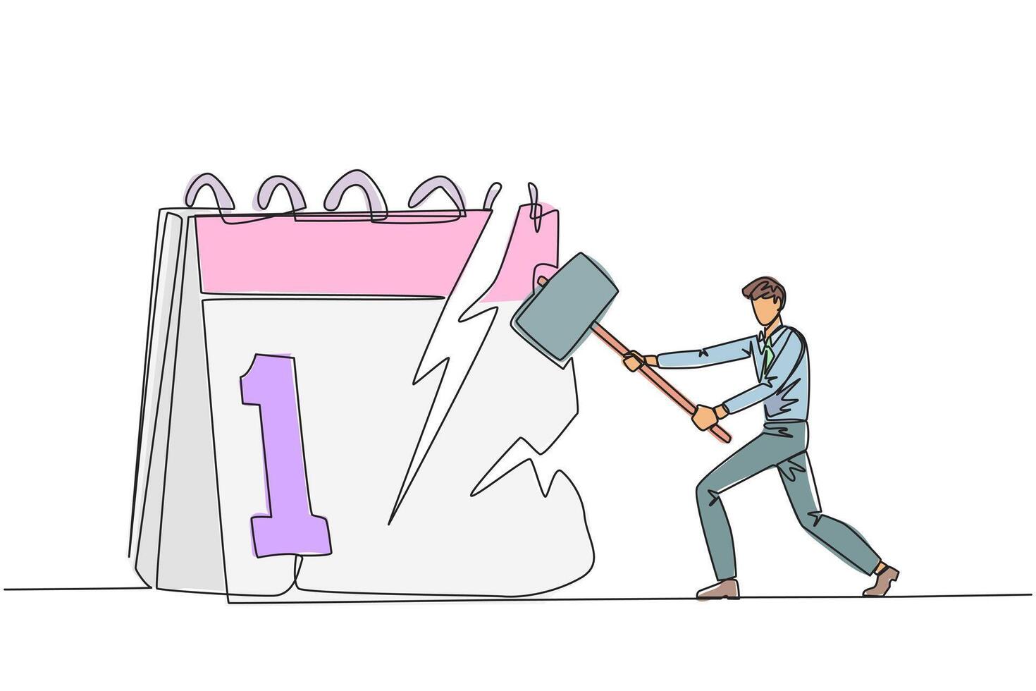 Single one line drawing businessman preparing to hit the big desk calendar. Very angry expression. Lots of deadlines, holiday schedules become messy. Irate. Continuous line design graphic illustration vector