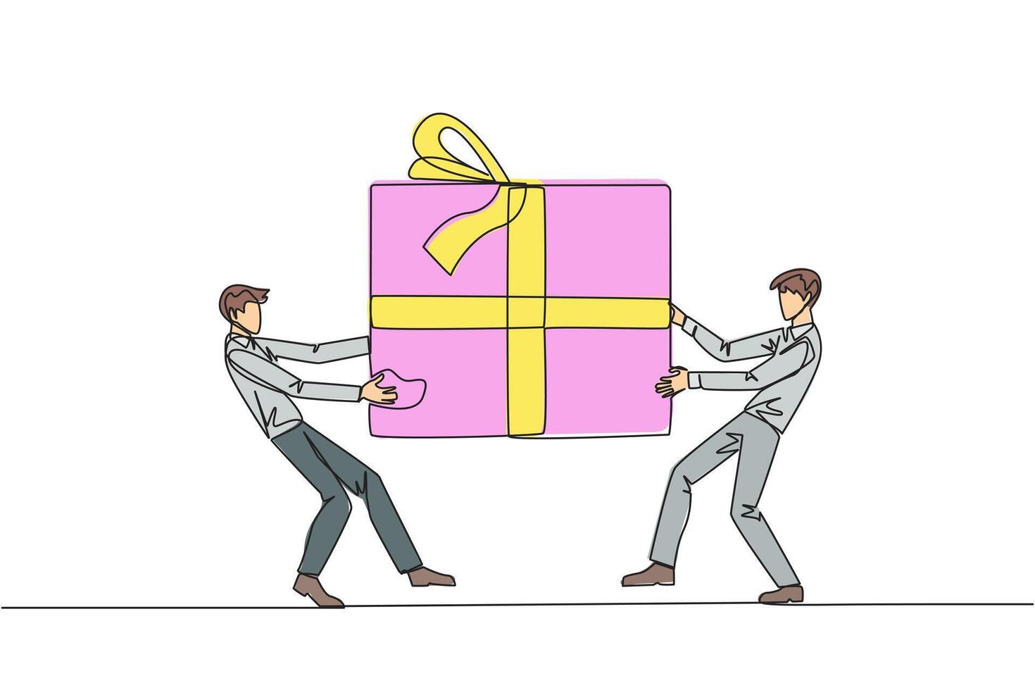 Single one line drawing two professional businessman fighting over the big gift box. Entrepreneurs against environmental pollution fight for the main prize. Continuous line design graphic illustration vector