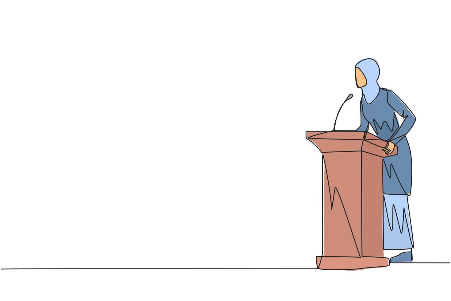 Continuous one line drawing Arabian businesswoman speech standing at the podium. Give oration that women can be more independent. Encourage through words. Single line draw design illustration vector
