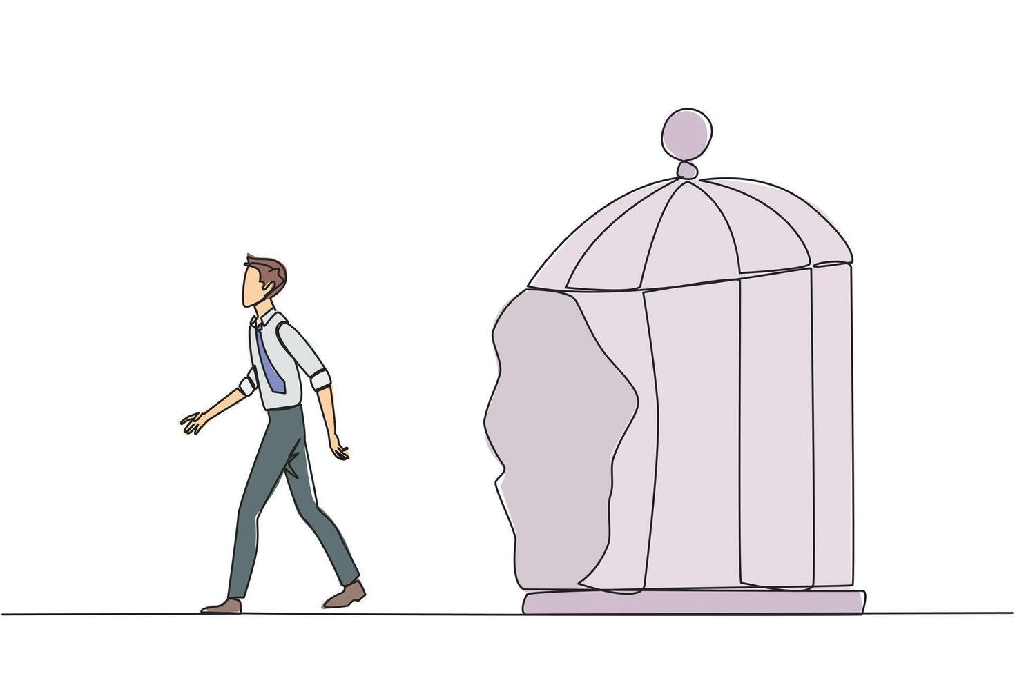 Continuous one line drawing businessman trapped in cage and walking penetrate the cage. Metaphor seeking new challenges and experiences for a better future. Single line draw design illustration vector