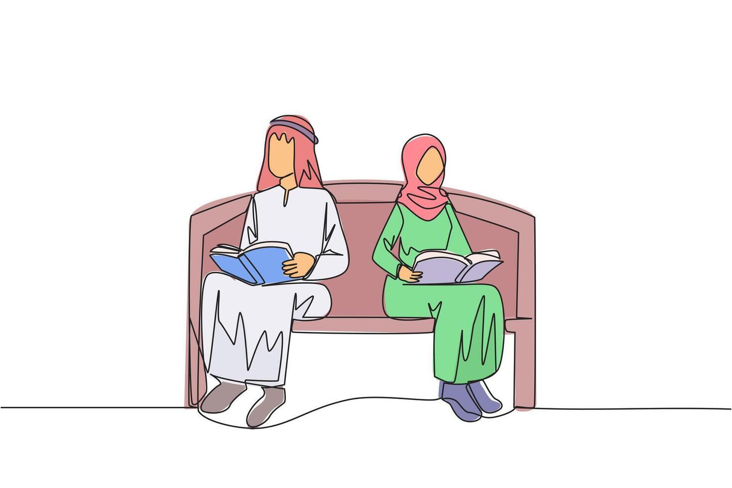 Continuous one line drawing Arab man woman sitting reading on chair in university park. Prepare for final exams with serious reading. Book festival concept. Single line draw design illustration vector