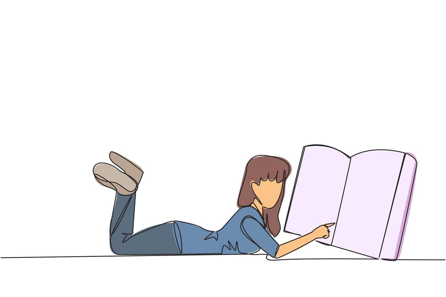 Single one line drawing woman lying on her stomach reading a big book. Enjoy reading books in a variety of styles. Reading increases insight. Love reading. Continuous line design graphic illustration vector