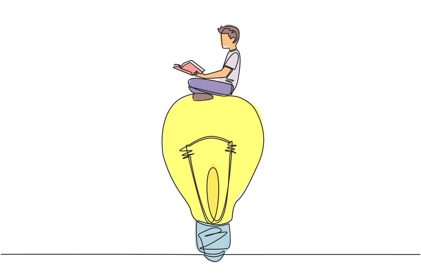 Single continuous line drawing man sitting on big lightbulb. Read with focus and serious. Metaphor looking for brilliant ideas from scientific books. Book festival. One line design illustration vector