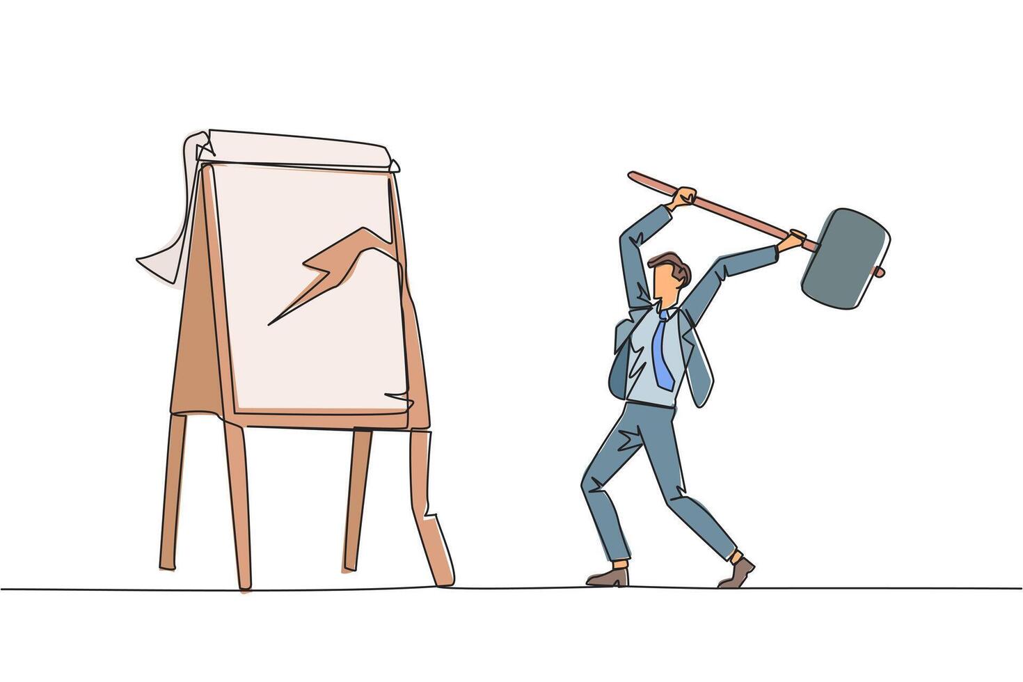 Continuous one line drawing businessman preparing to hit the big flip chart. Rampage. Destroy business reports that are not as desired. Anger exploded. Single line draw design illustration vector