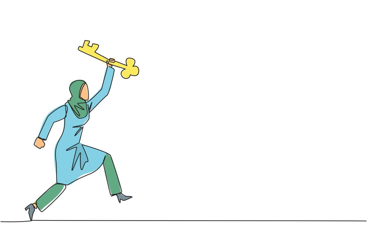 Single continuous line drawing Arabian businesswoman running holding key. Doing celebrate. Perform movements like relay athlete. The secret key to business revival. One line design illustration vector