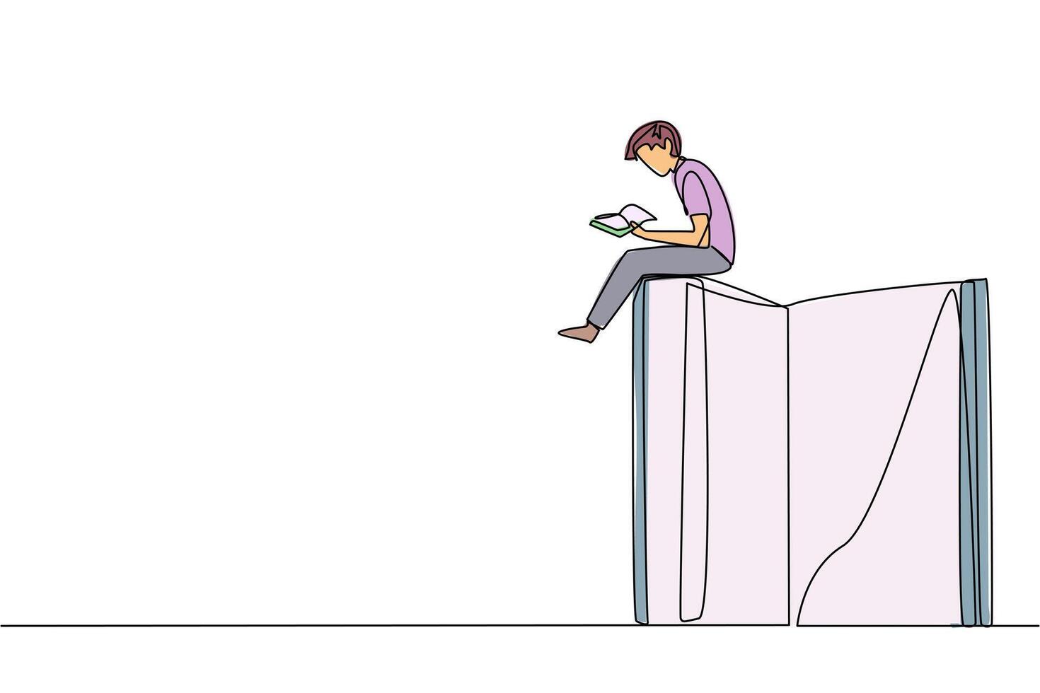 Single one line drawing smart happy man sitting on a big open book reading a book. Serious and focus learning increases insight. Book festival concept. Continuous line design graphic illustration vector