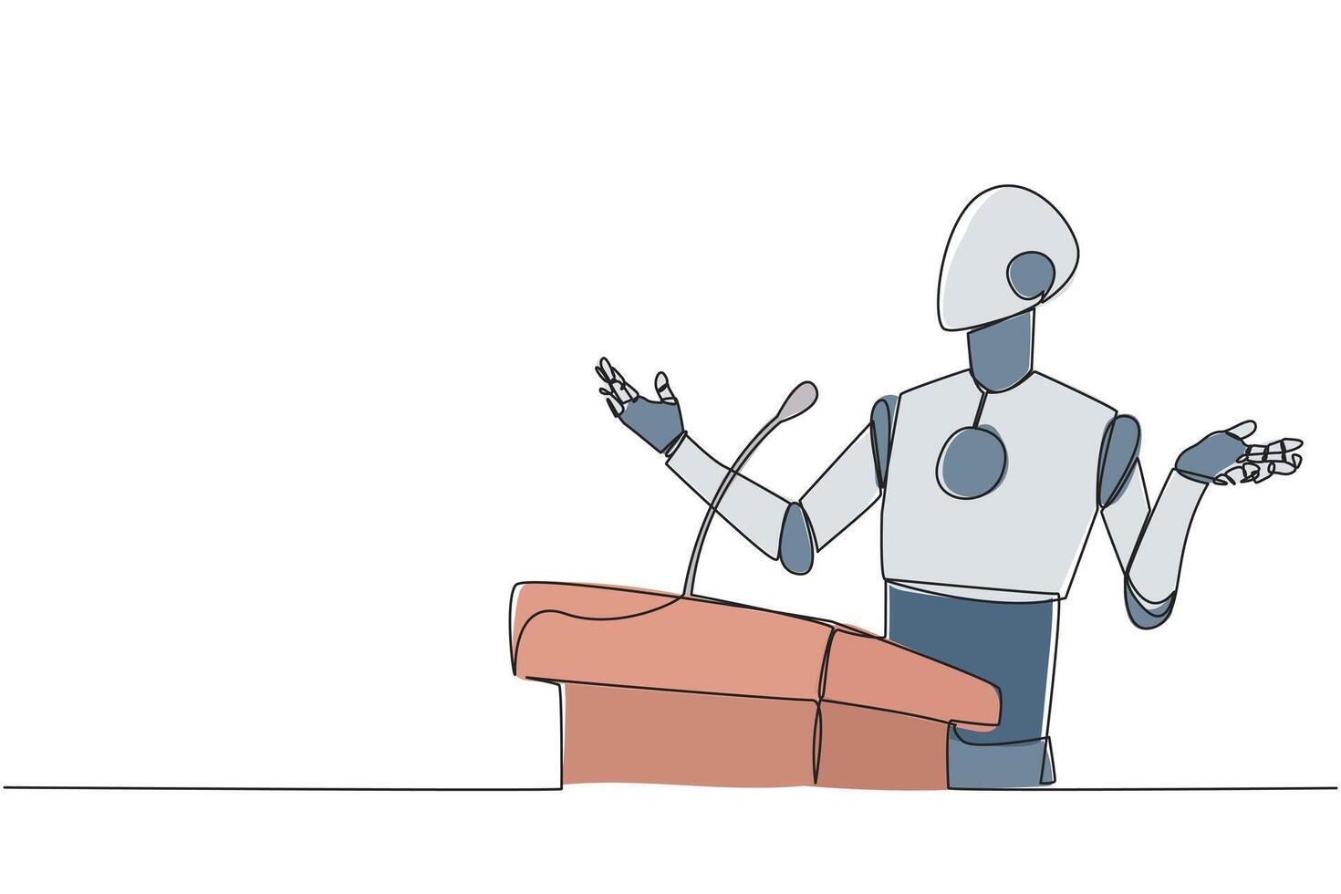 Single one line drawing smart robotic speaking at the podium while opening hands. Explain the history of the company to become a multinational company. Continuous line design graphic illustration vector