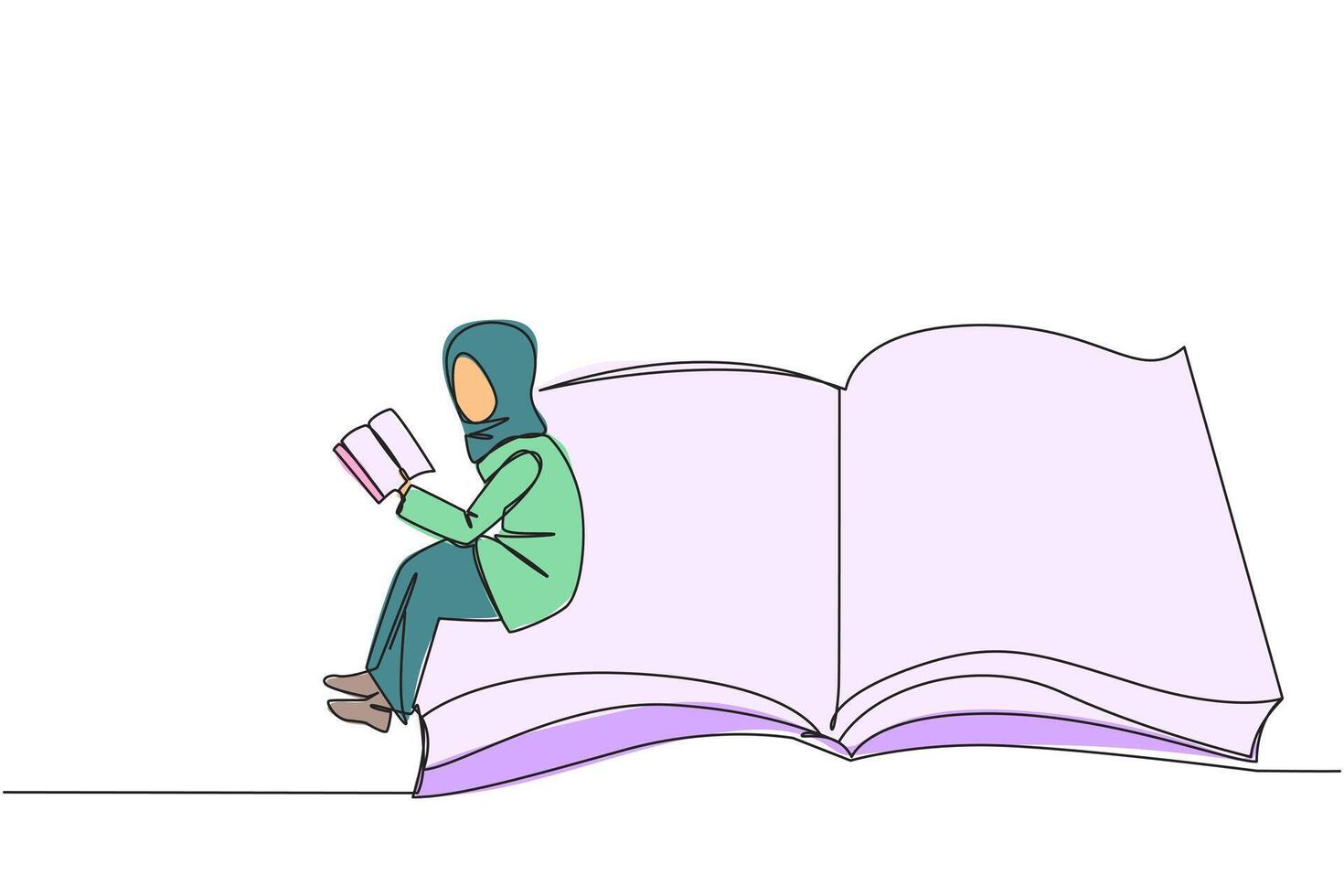 Single one line drawing Arabian woman sitting on the edge of a large open book. Study before exam time arrives. Read textbooks with focus. Reading is fun. Continuous line design graphic illustration vector