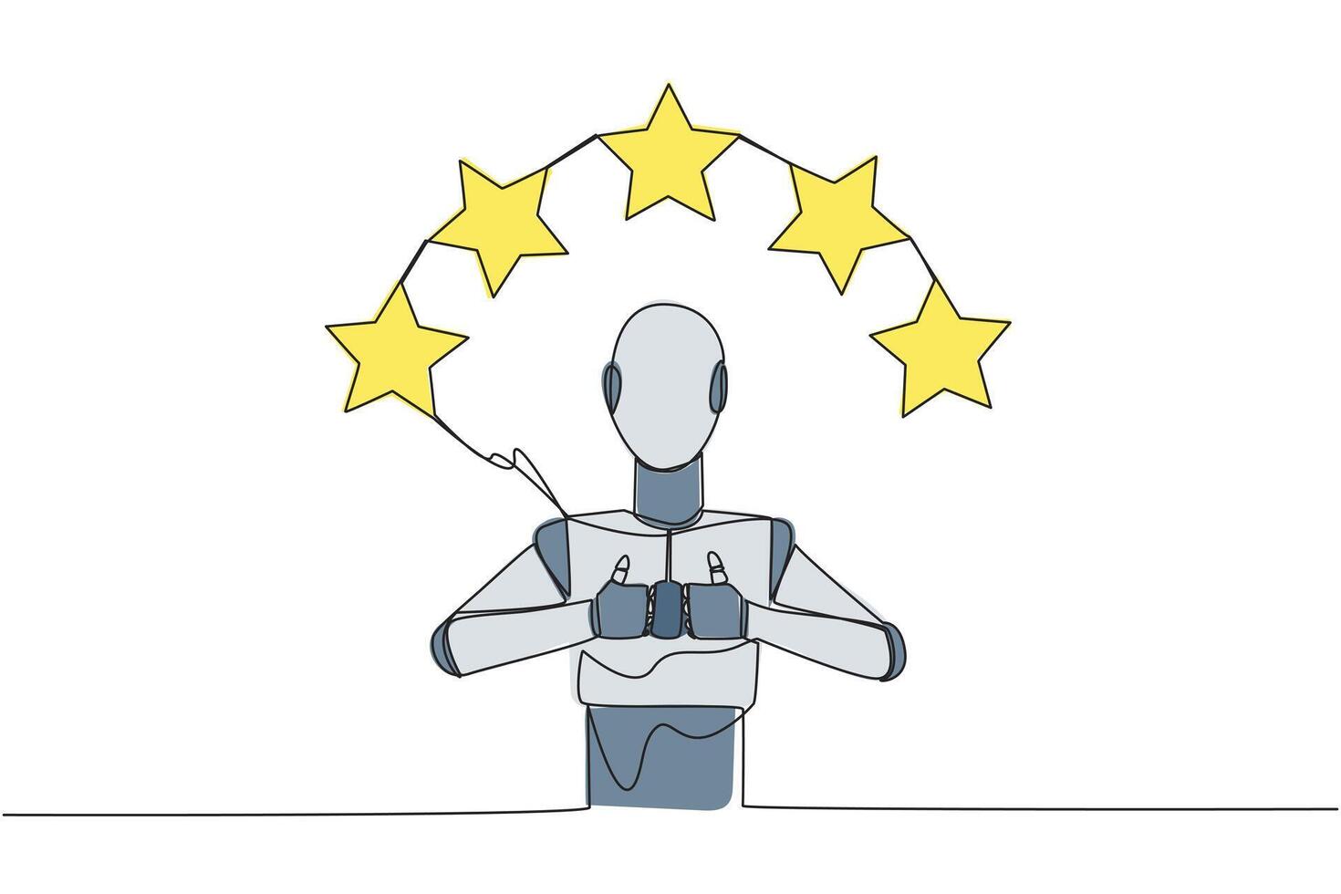 soltero uno línea dibujo robot dando dos pulgares arriba, encima cabeza allí son 5 5 estrellas formando semicírculo. emocionante en línea compras experiencia. revisión 5 5 estrella. ai tecnología continuo línea gráfico ilustración vector