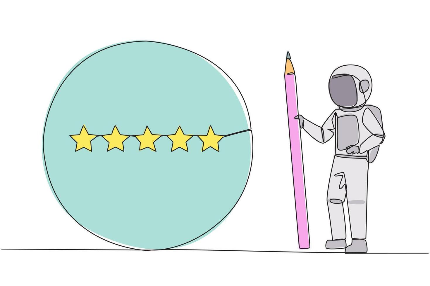 Continuous one line drawing astronaut stand holding large pencil and next to is a large circle encircling all 5 stars. Five star rating positive feedback. Cosmic. Single line draw illustration vector