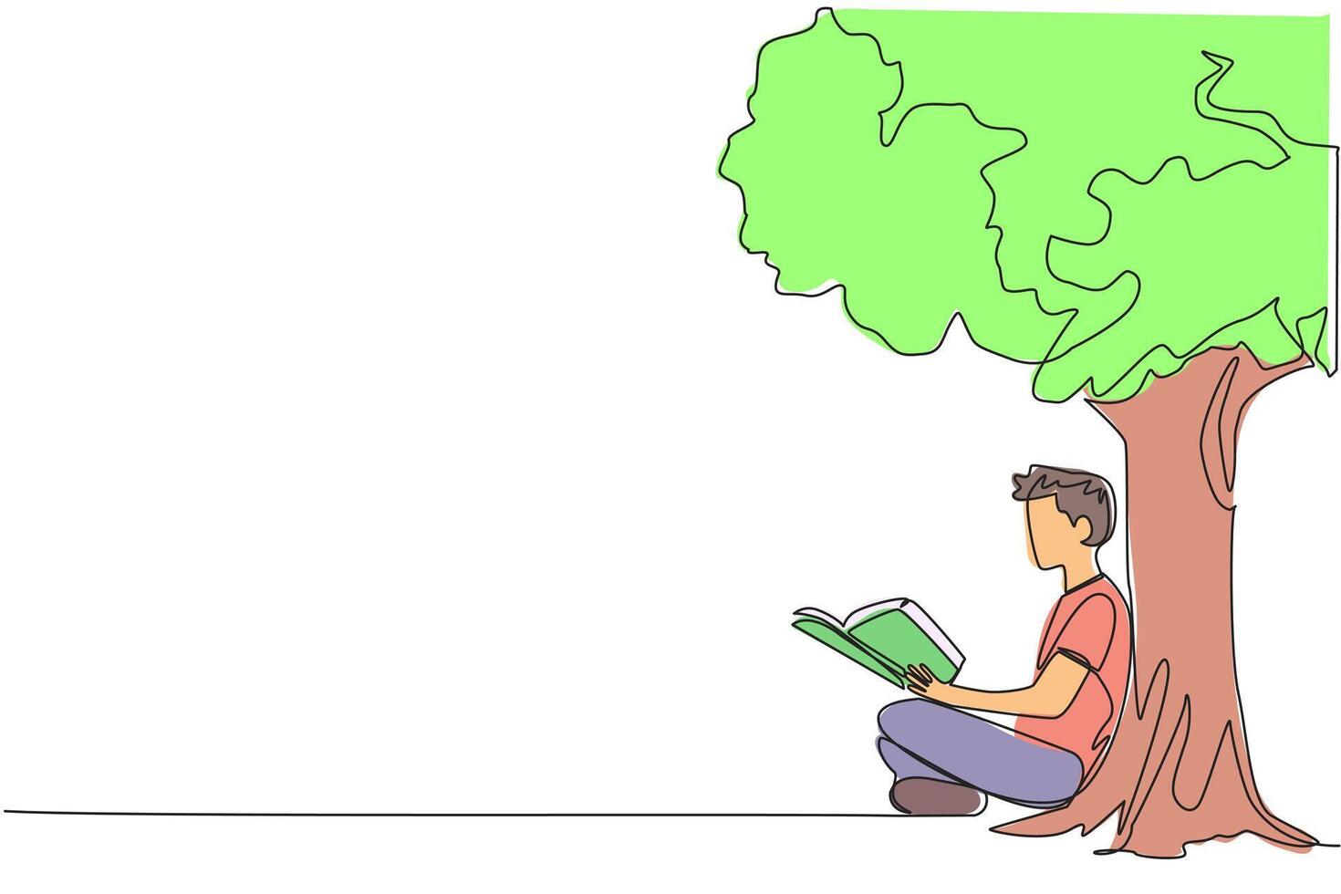 Continuous one line drawing man sitting reading book under shady tree. Continuing the second volume of the fiction story book. Enjoy reading. Book festival. Single line draw design illustration vector