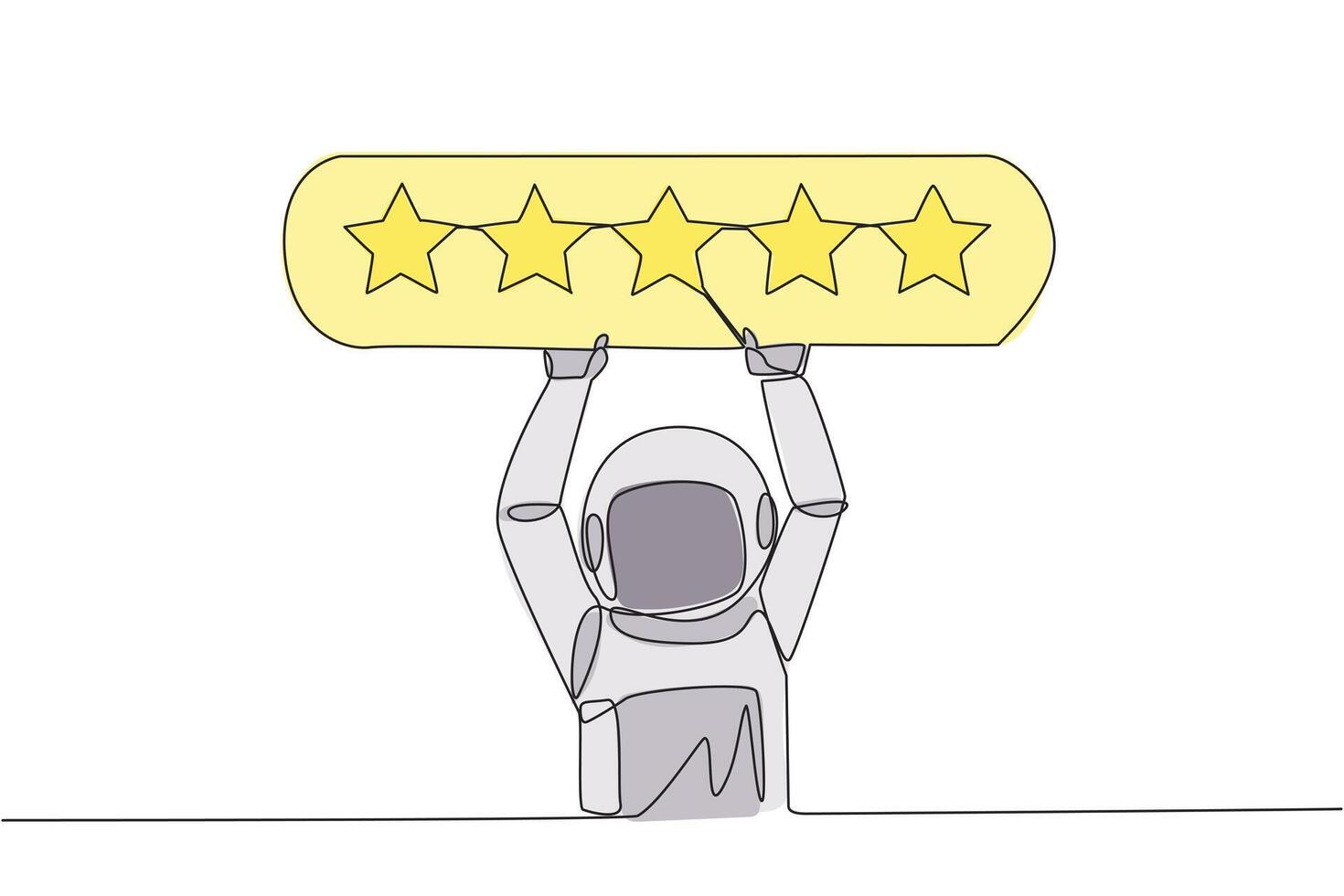 Continuous one line drawing astronaut holding rating board which contains 5 stars. Star rating. Positive review. Online shopping with give 5 rating. Galaxy. Single line draw design illustration vector