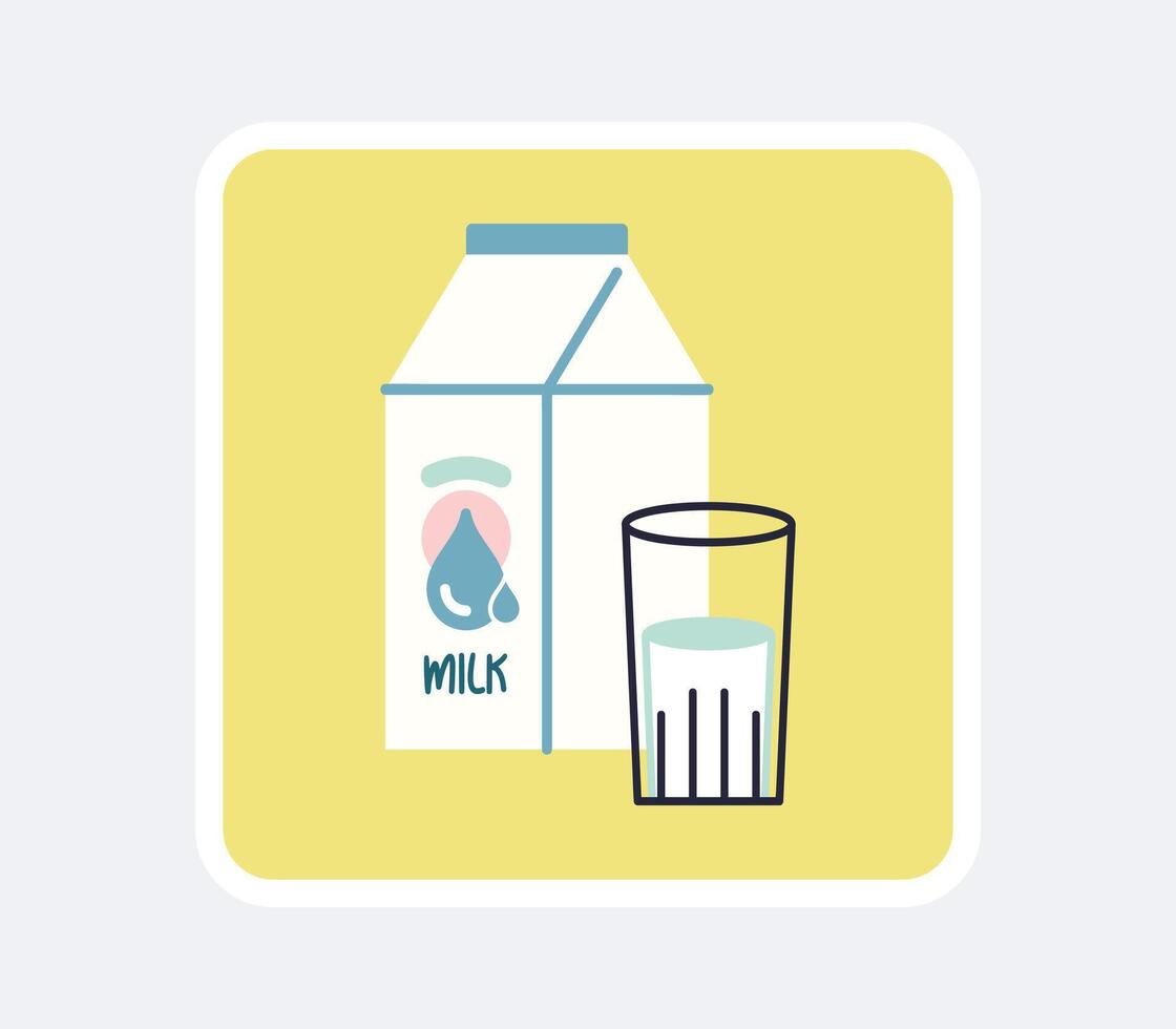 Milk in a box with a glass, milk container and transparent glass, white box full of dairy milky product, box with healthy calcium liquid drink, cream, flat cartoon illustration on background. vector