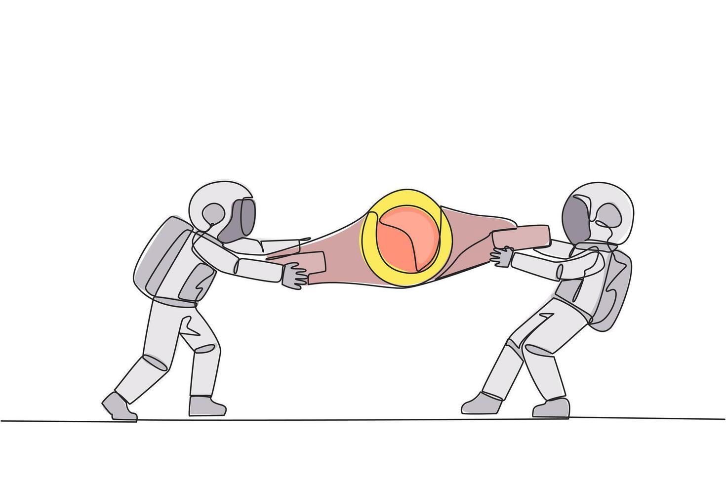 Single continuous line drawing two emotional astronaut fighting over boxing belt. Fight for to be the greatest and strongest astronaut. Astronaut battle. Cosmic. One line design illustration vector
