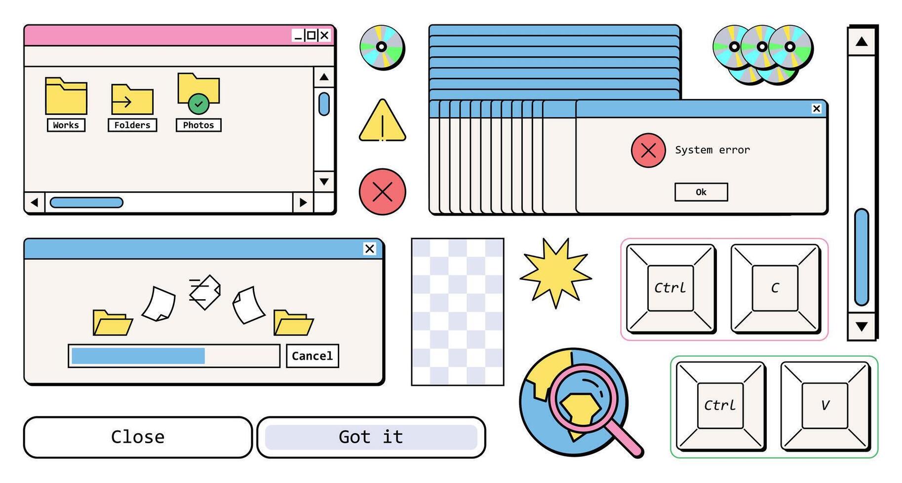 retro estilo interfaz elementos en estético, sistema computadora mensaje, 90s nostálgico ui diseño, carpetas, archivos, 1990s nostalgia tecnología concepto plano ilustración. vector