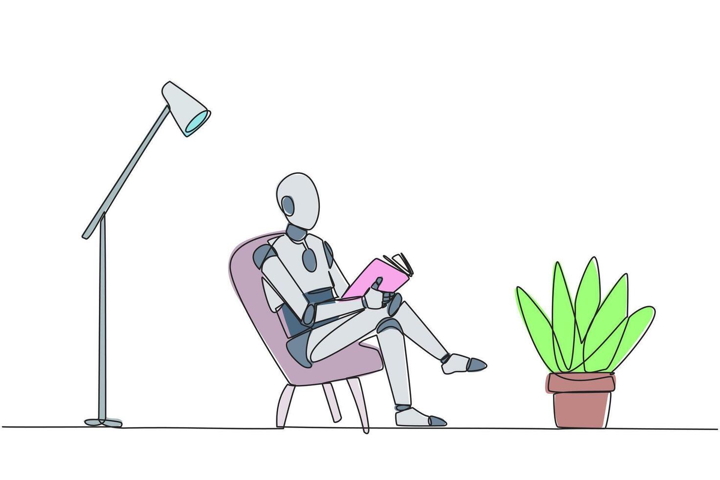 Single continuous line drawing smart robot sitting reading in room with the reading lamp. Spending holidays increasing knowledge by reading the books. Love reading. One line design illustration vector