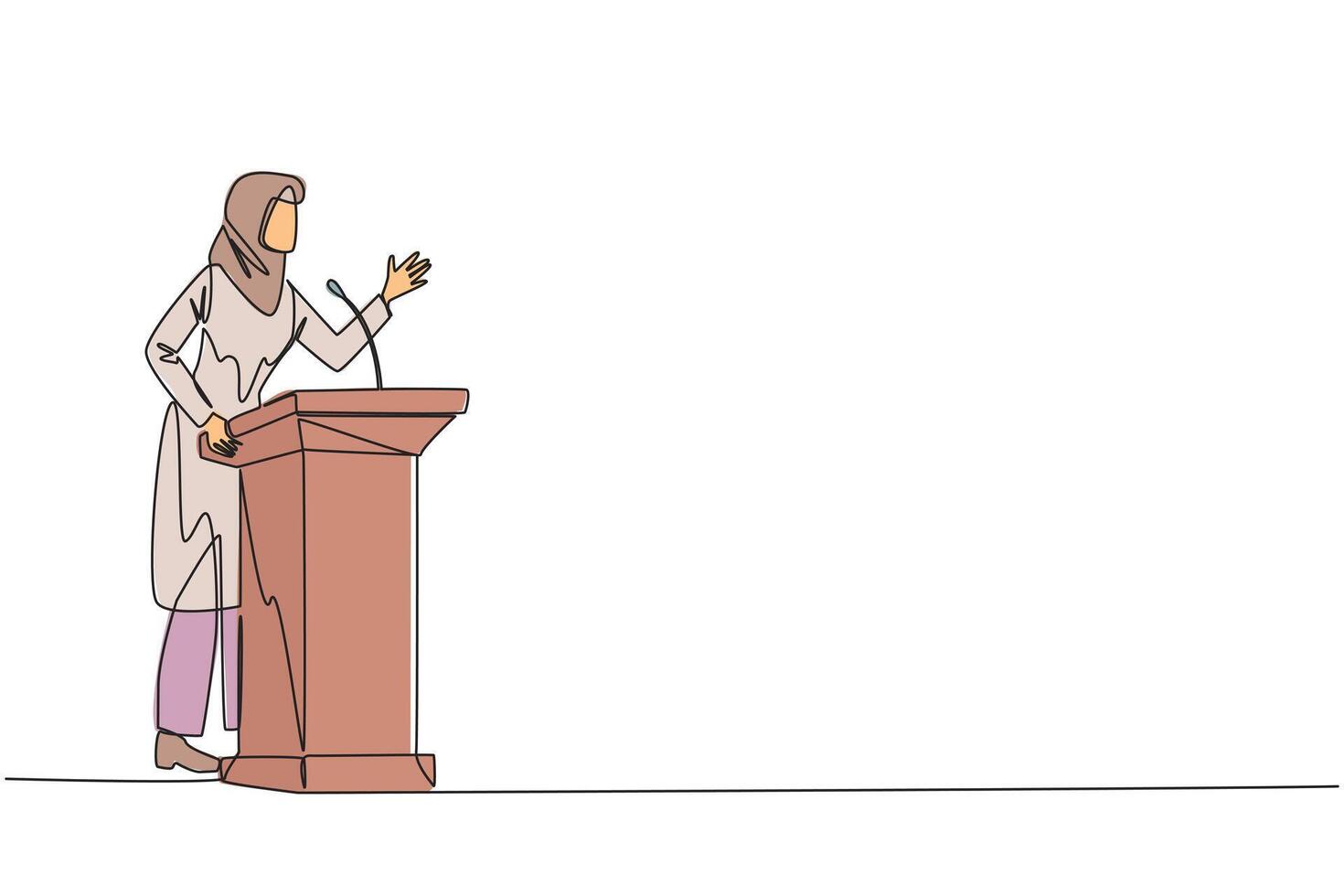 Single continuous line drawing Arabian businesswoman speech standing at podium. Inviting to everyone to be more concerned with natural condition to avoid air pollution. One line illustration vector