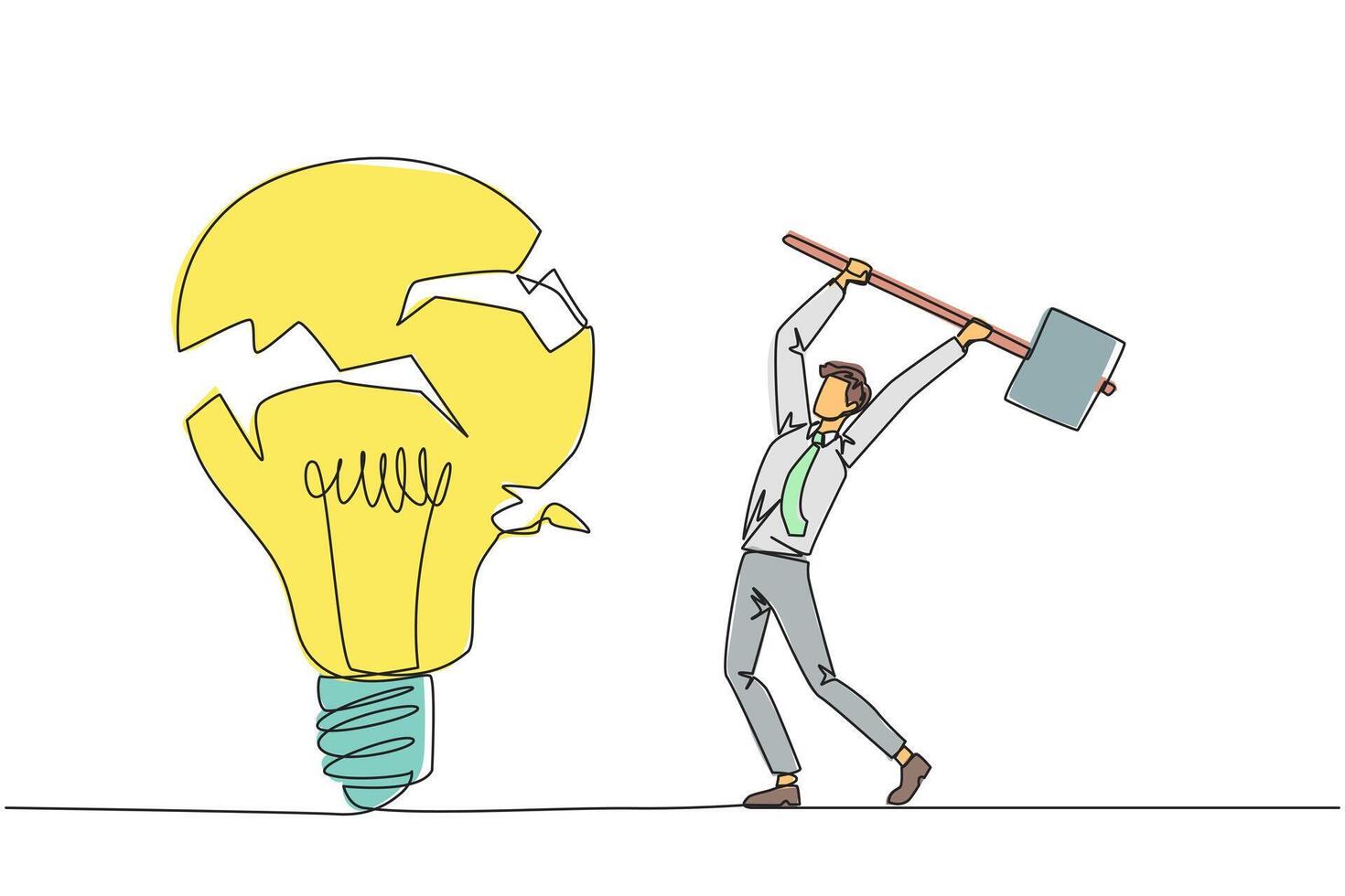 Continuous one line drawing businessman preparing to hit a big lightbulb. The thrashing anger. Failed to secure a brilliant business idea. Destruction. Single line draw design illustration vector