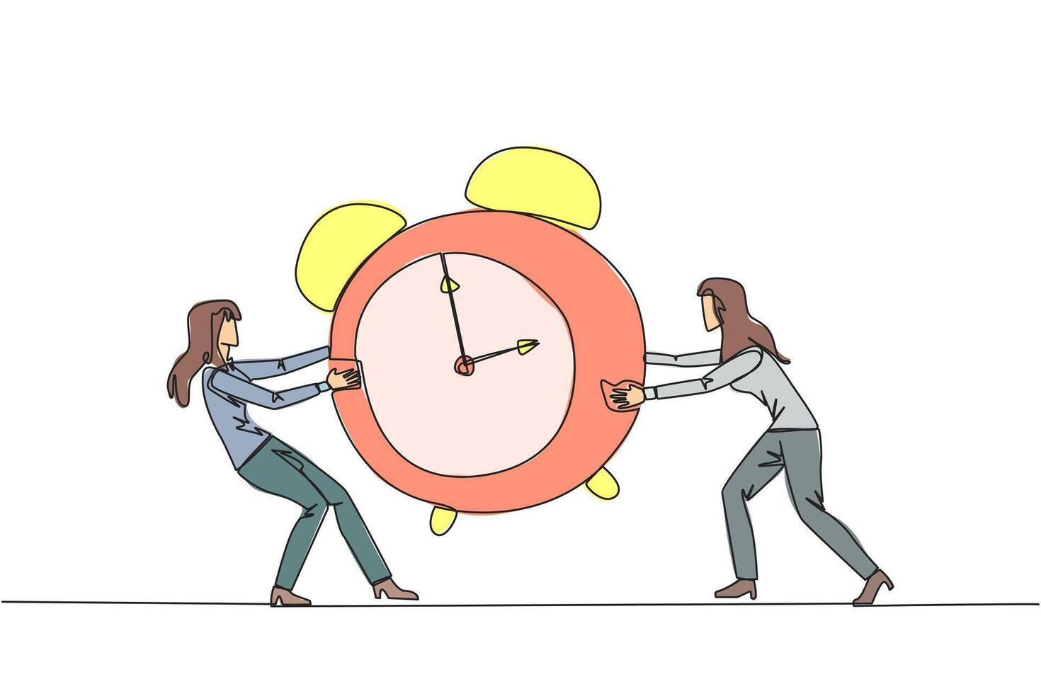 Single continuous line drawing two emotional businesswoman fighting over the big alarm clock. The concept of fighting for rare items for prestige. Conflict. Attack. One line design illustration vector